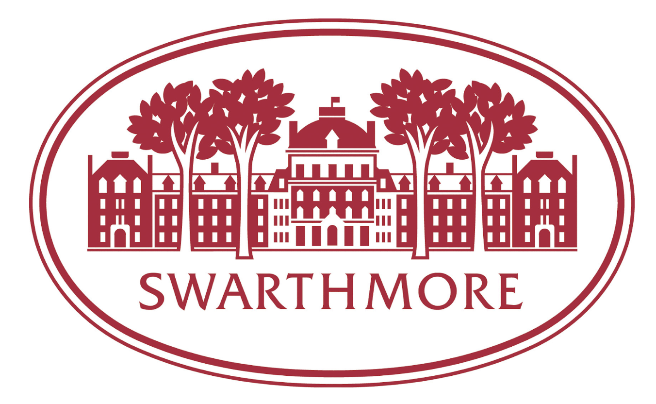 Maroon and white logo featuring a large building with trees on either side and the word "Swarthmore" underneath, all within an oval border.