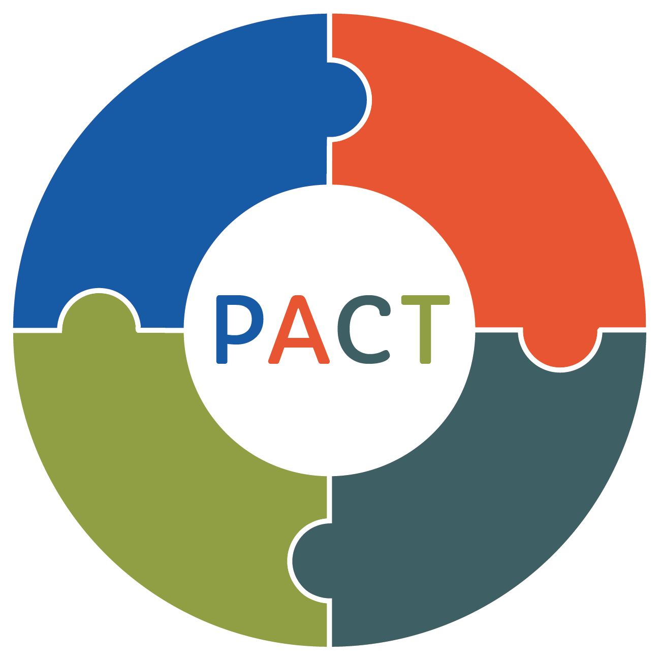 A circular puzzle chart with four colored pieces (blue, orange, green, dark gray) surrounding the word "PACT" in the center, with the letters in different colors matching the puzzle pieces.