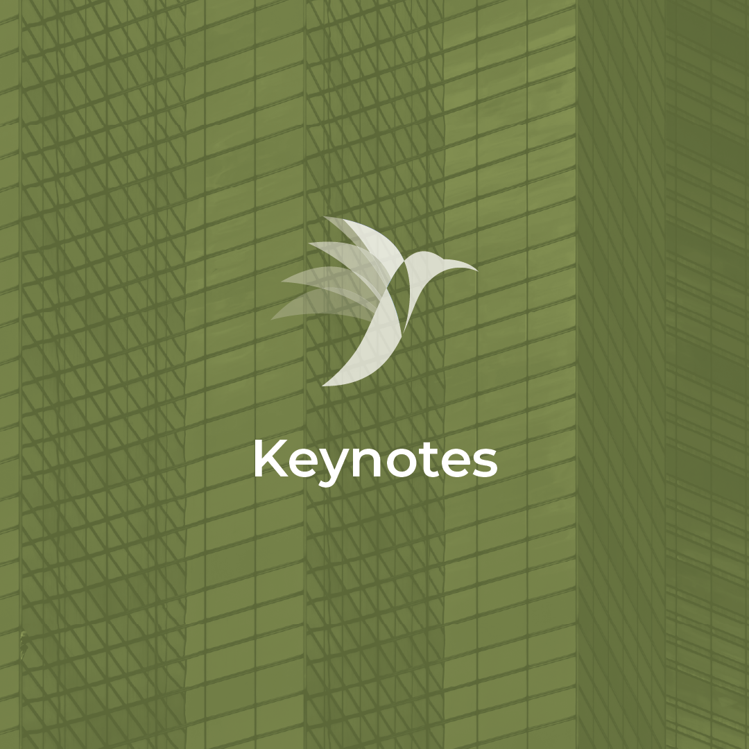 Green background with a subtle grid pattern, white hummingbird logo above the word 'Keynotes'.