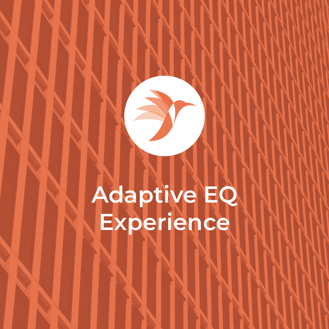 An orange building facade with a repeating pattern of windows, overlaid with a white circle containing a stylized hummingbird logo and the text 'Adaptive EQ Experience'.