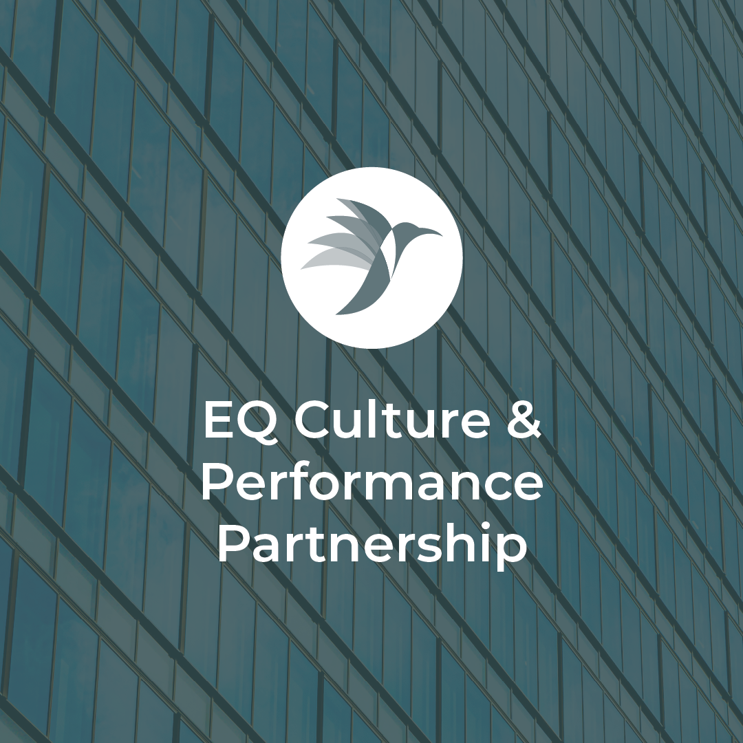 Cover image of a corporate website featuring a modern glass office building background, with a logo of a hummingbird and the text 'EQ Culture & Performance Partnership'.