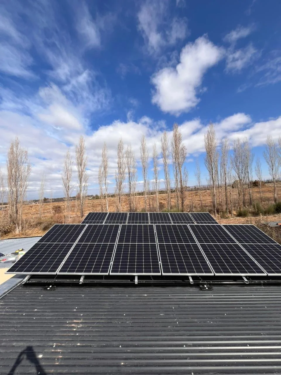 Paneles solares instalados en un techo, con árboles y cielo con nubes en el fondo.