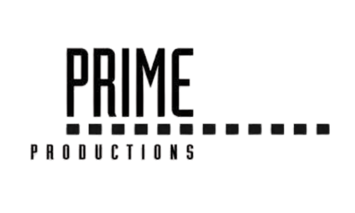 Schwarz-weißer Logo mit den Worten 'PRIME PRODUCTIONS' auf schwarzem Hintergrund.