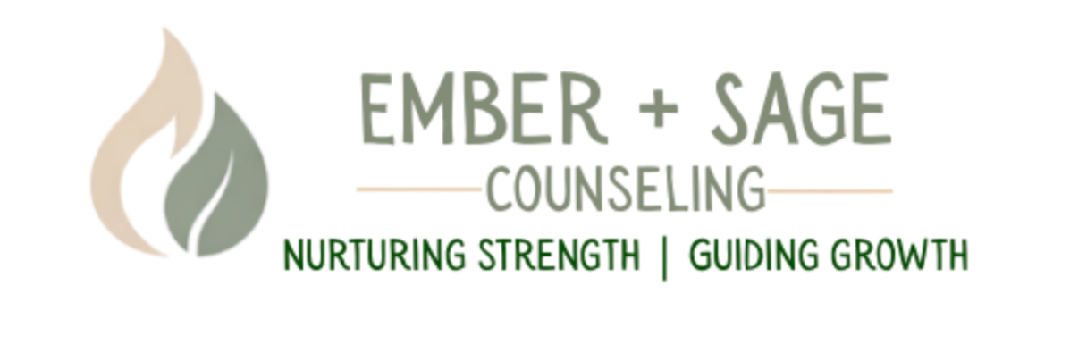 Logo with flame icon and text promoting Ember + Sage Counseling, with the words 'Nurturing Strength' and 'Guiding Growth'.