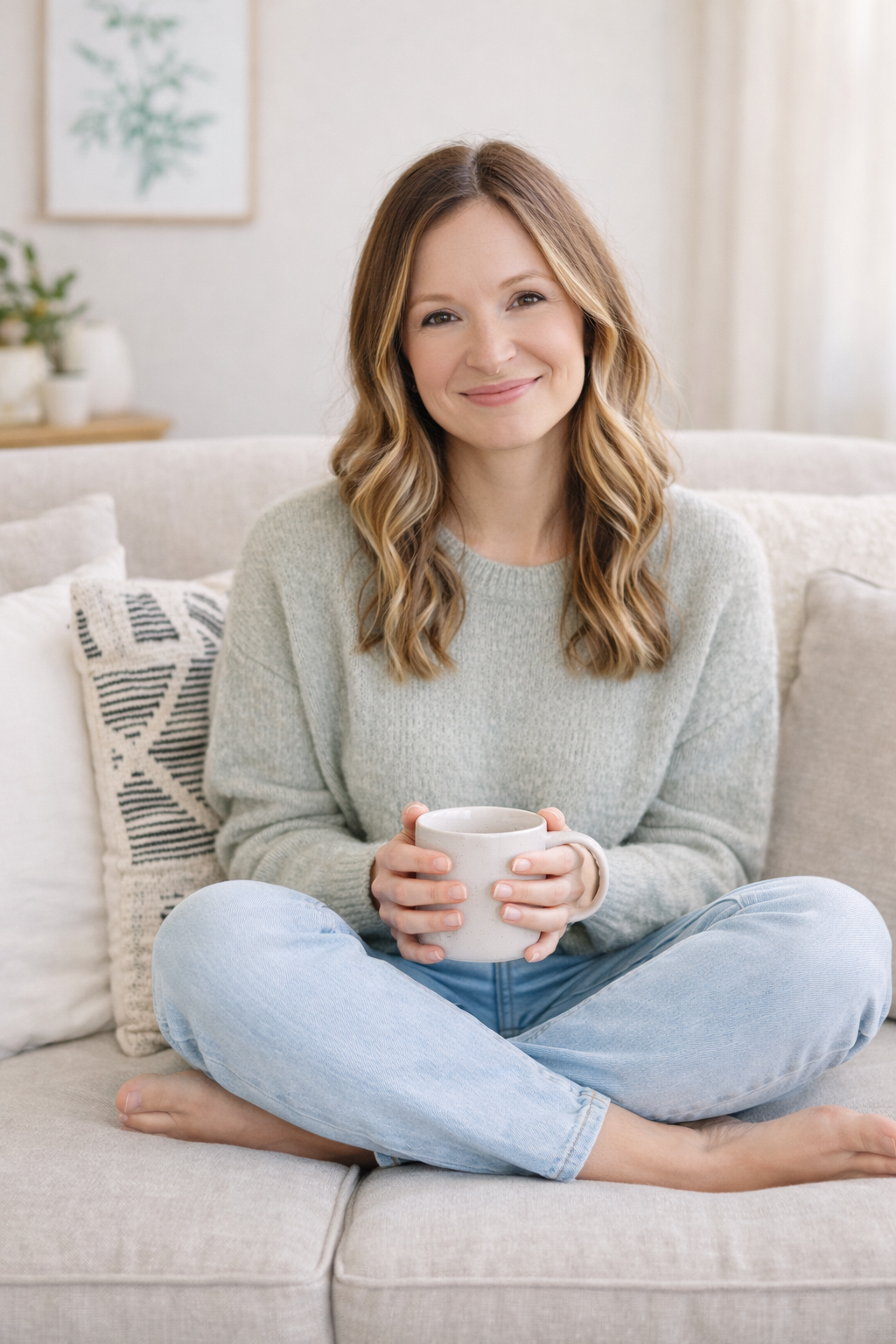 Woman sitting on couch smiling and holding mug