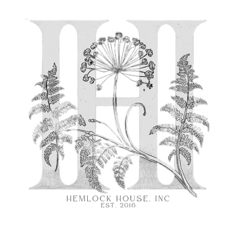 Logo featuring the letter 'H' with a dandelion and fern plants, and the text 'Hemlock House, Inc., Est. 2016'