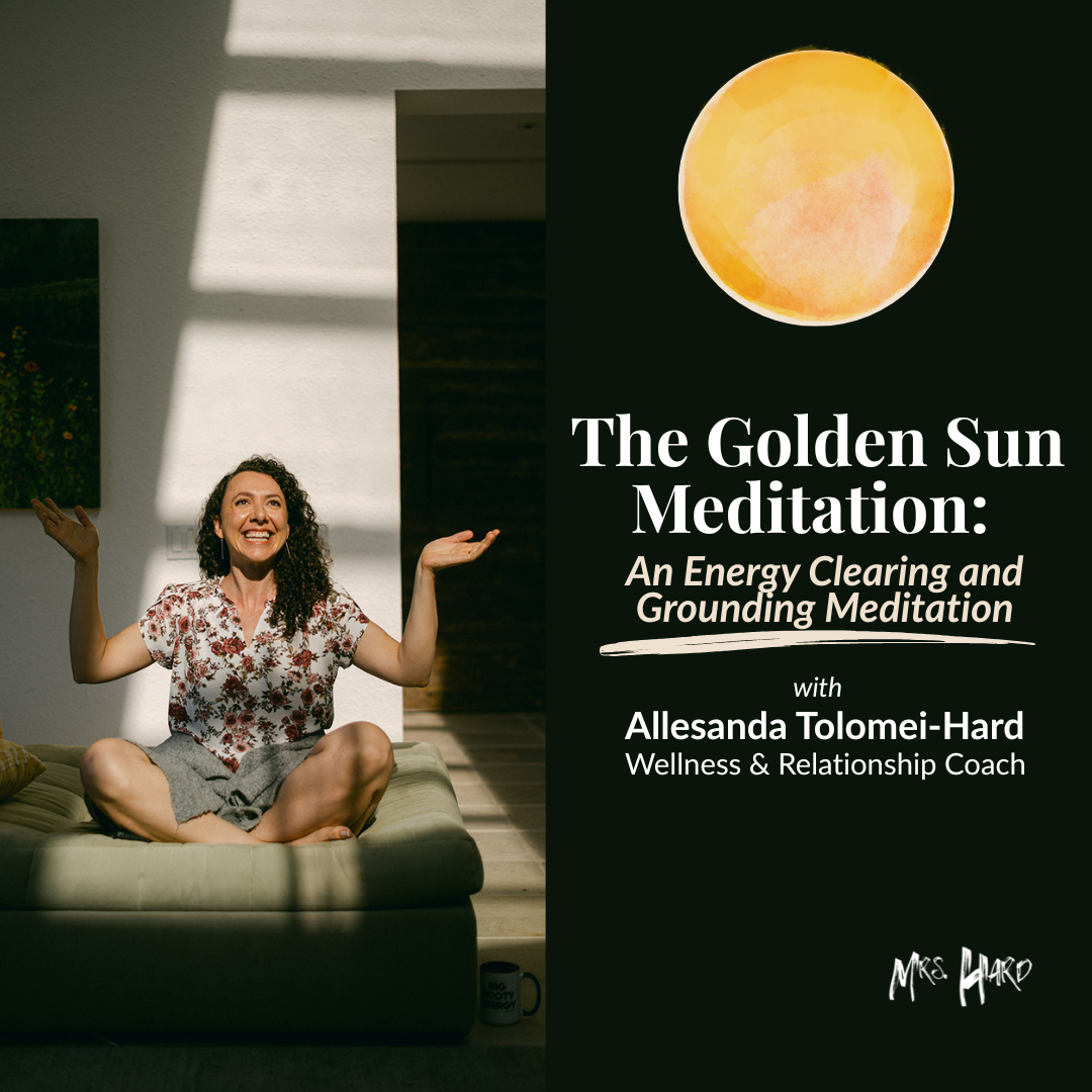 Woman sitting cross-legged on a couch, smiling and meditating with her hands raised, sunlight casting shadows behind her, alongside a graphic with a moon and the title 'The Golden Sun Meditation: An Energy Clearing and Grounding Meditation' with details about the session with coach Allesanda Tolomei-Hard.