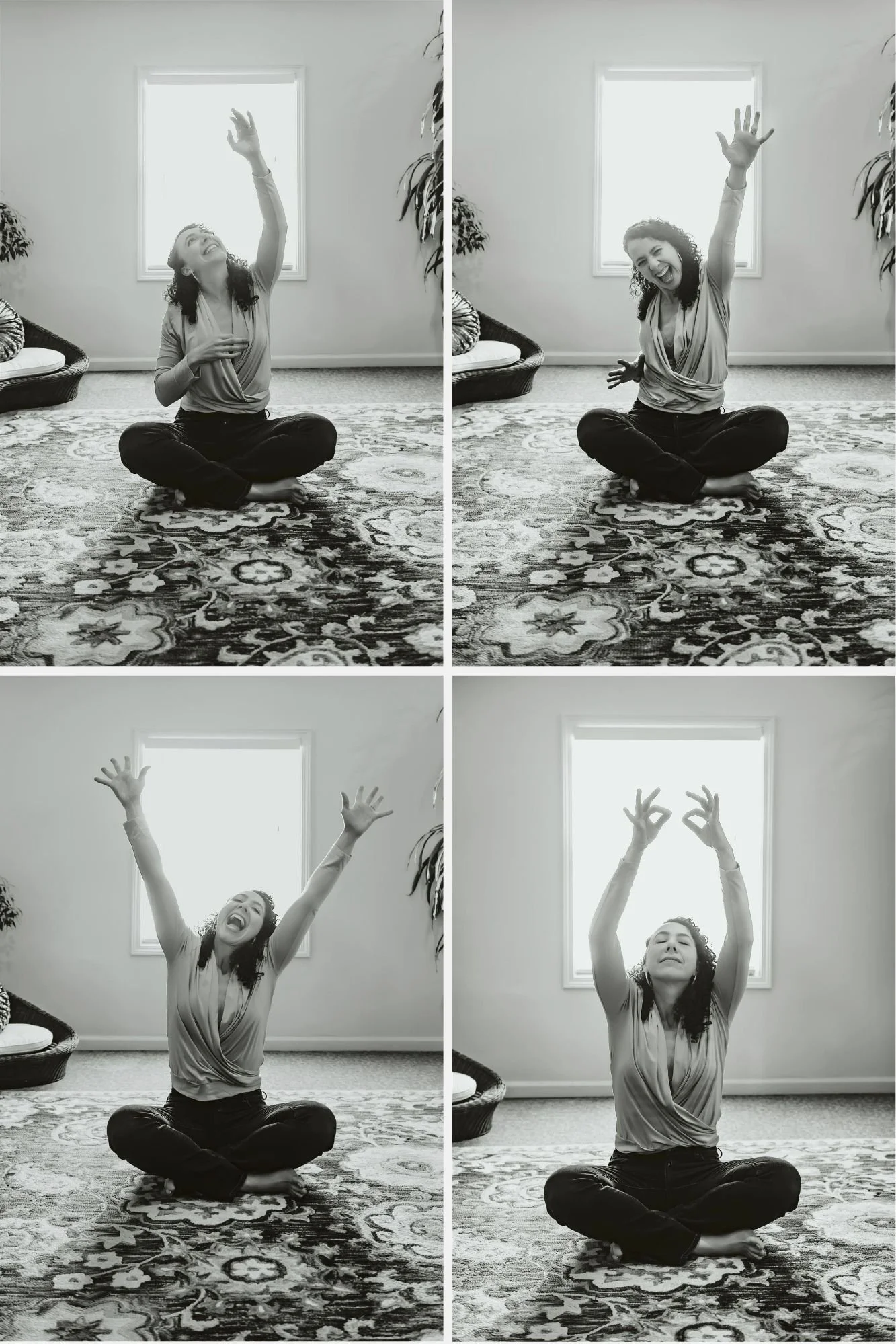 A woman sitting on a patterned rug in front of a window, making joyful hand gestures while in different poses, captured in a series of four black-and-white photos.
