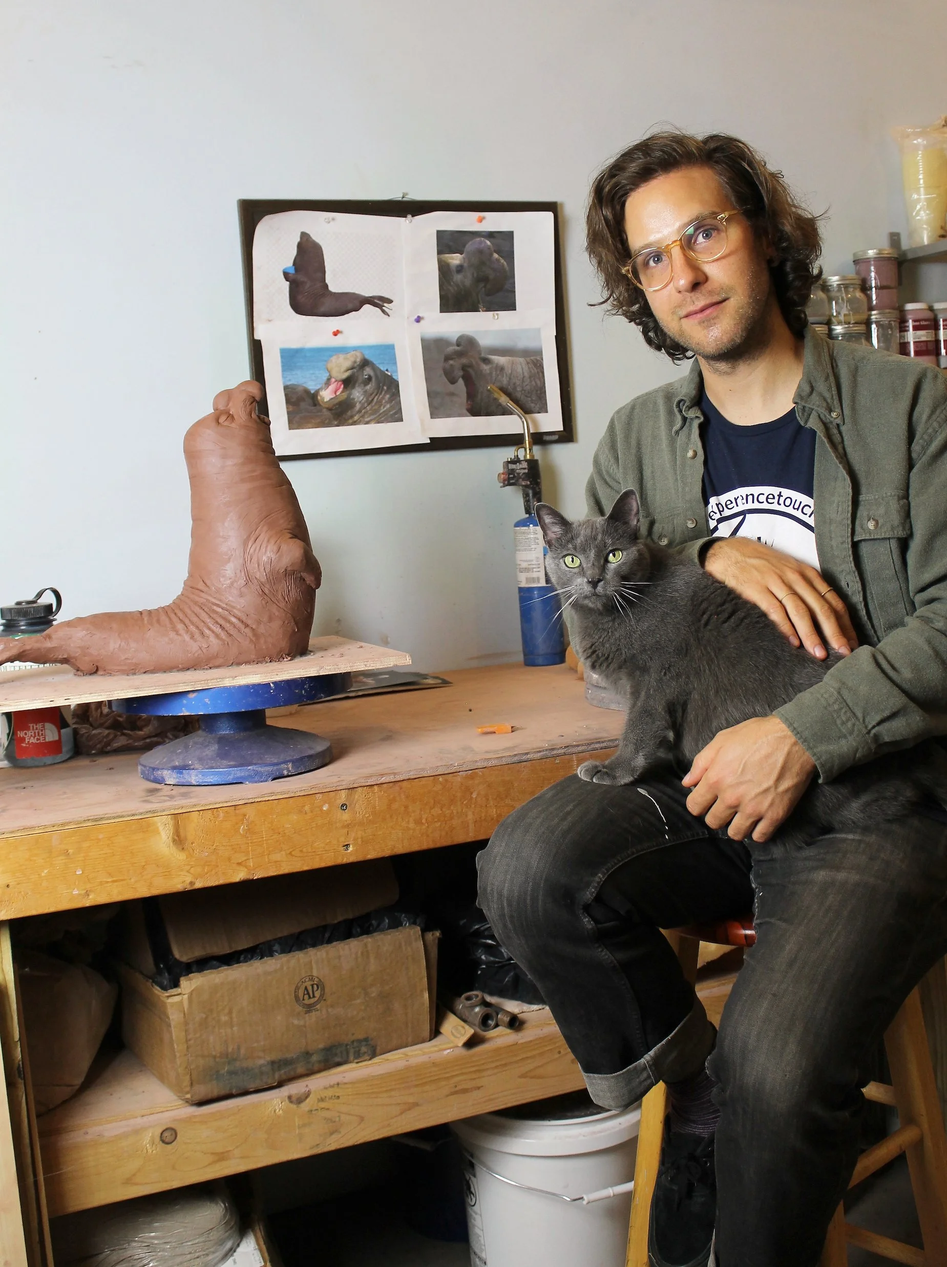 A man with curly hair and glasses holding a gray cat in a workshop. The workshop has a workbench with ceramic sculpture of a seal, several jars of paint, and a picture of seals on the wall.