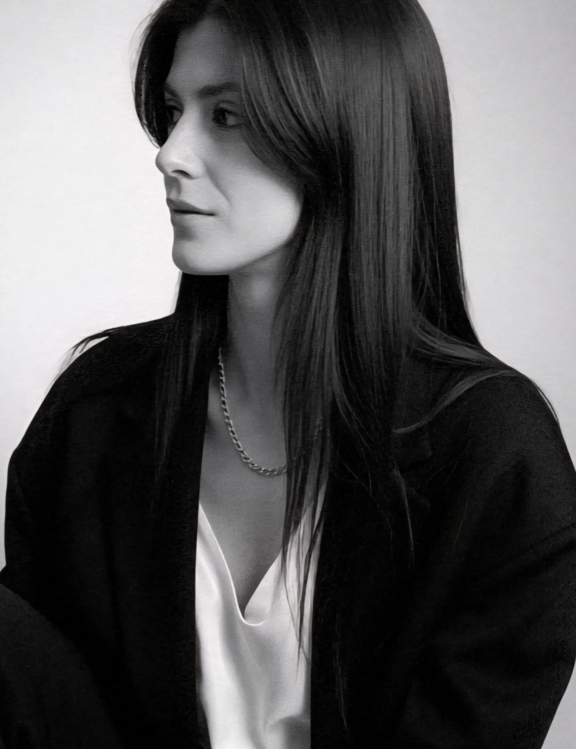 Black-and-white photo of a woman with long dark hair, wearing a dark jacket, white shirt, and a chain necklace, looking to the side against a plain background.