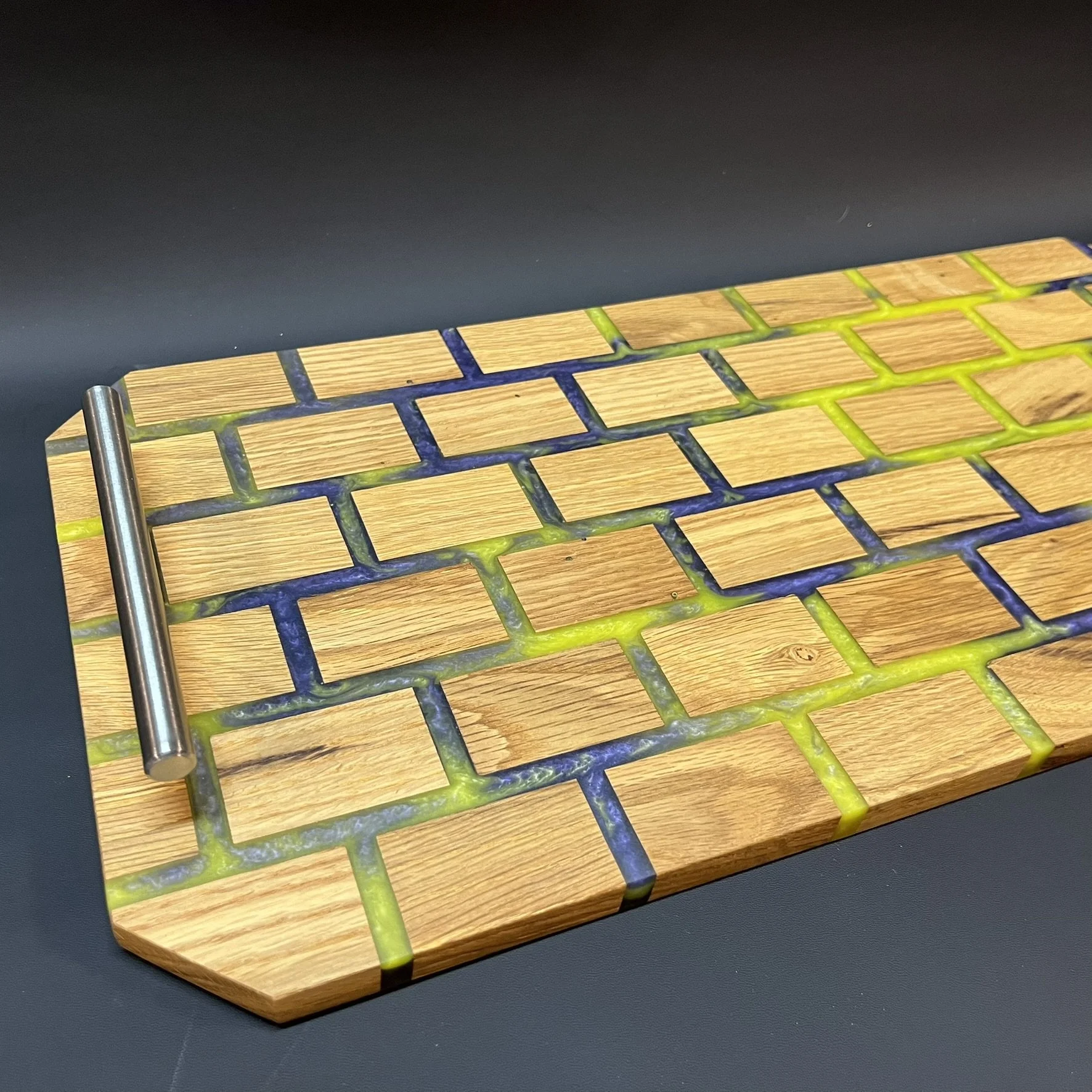 Blue and green epoxy on oak.