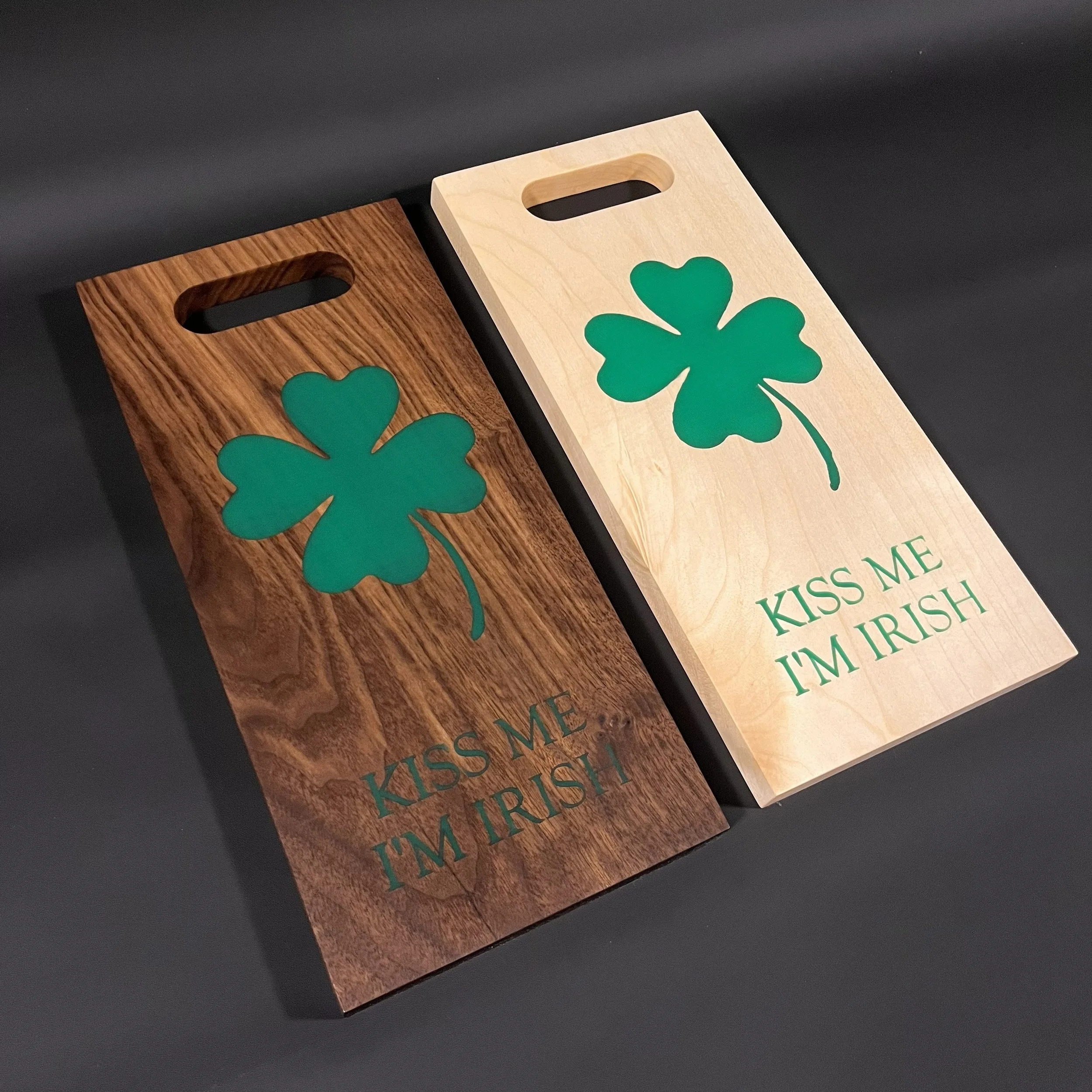 Lucky shamrock on walnut or maple.
