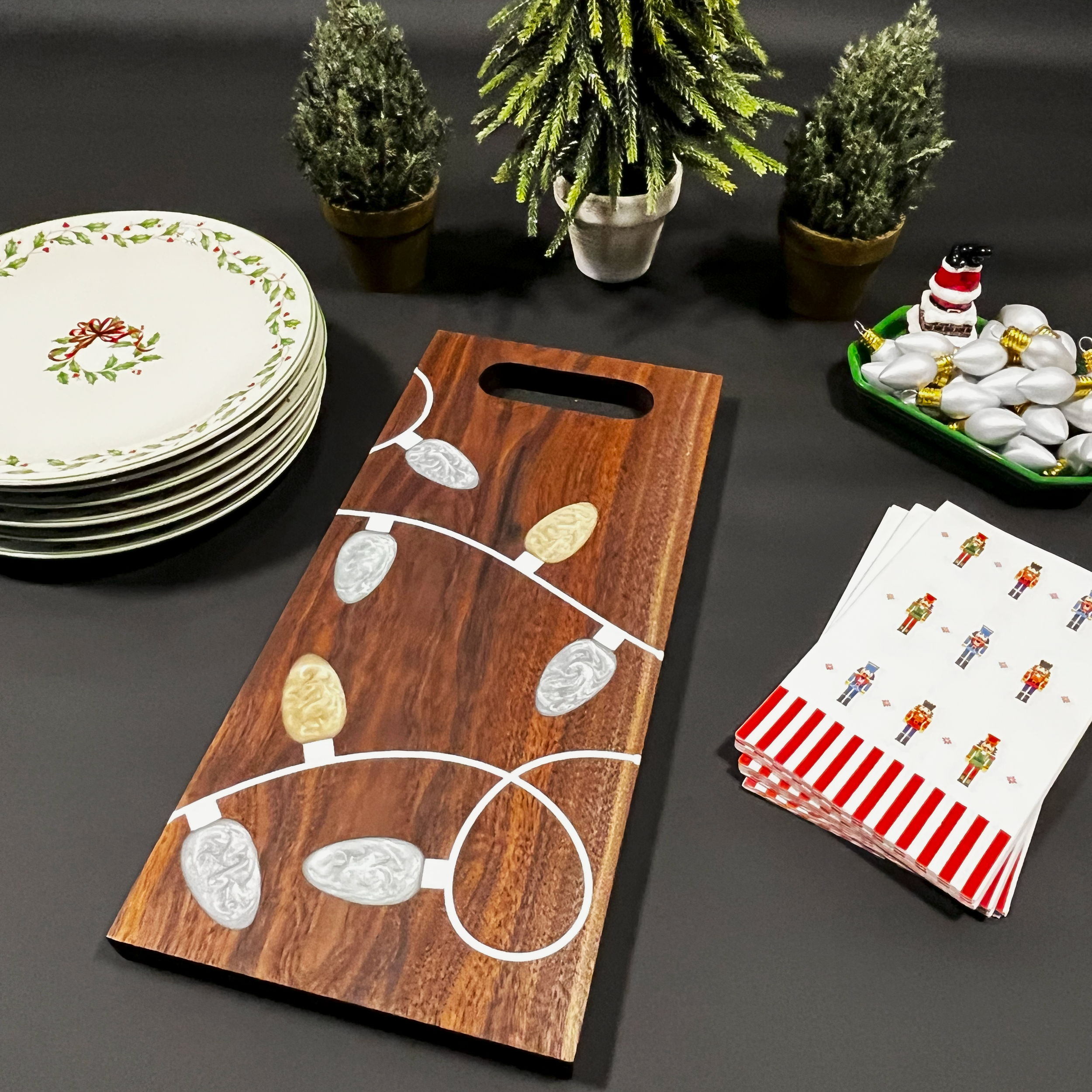 Elegant gold and silver lights on walnut.