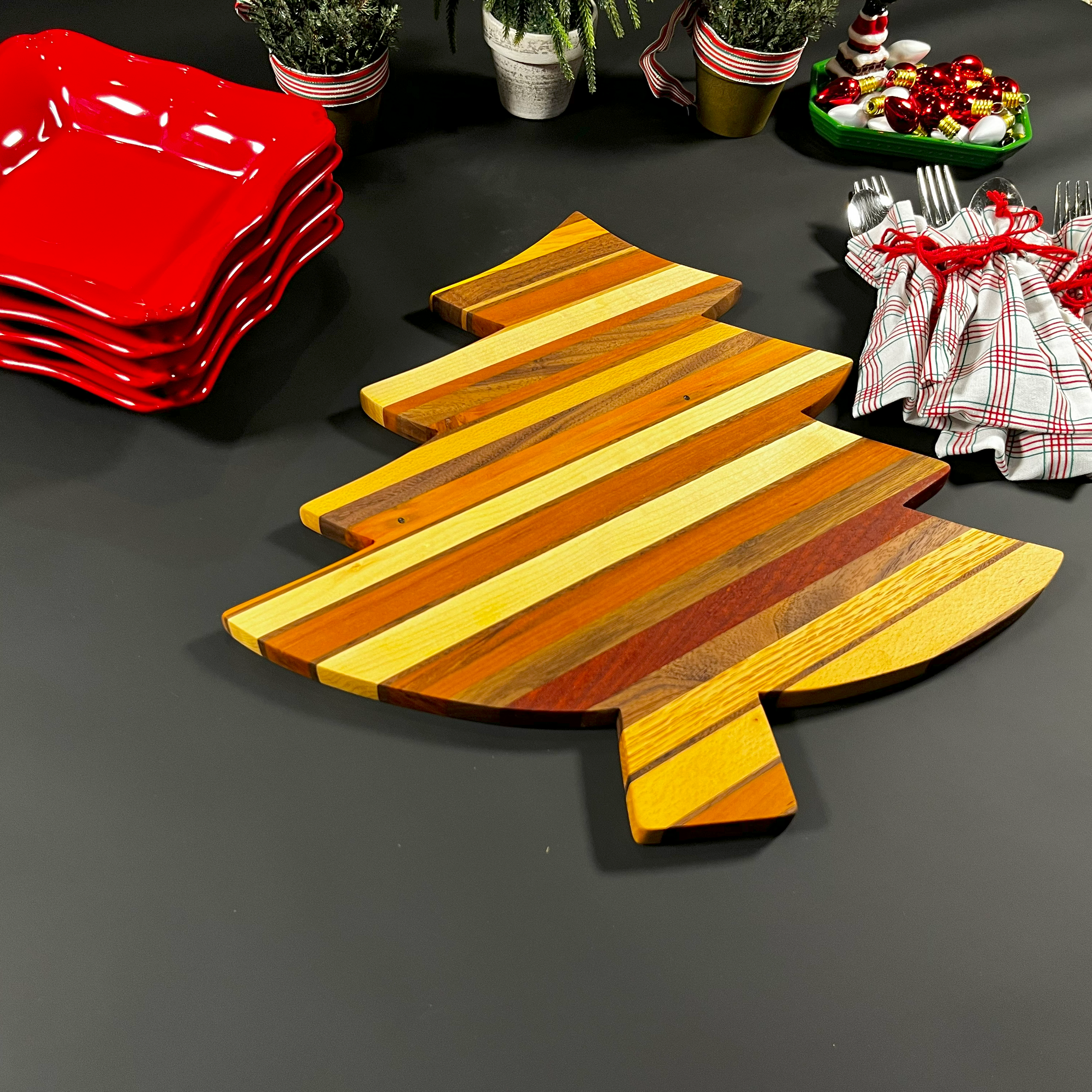 Christmas tree board with various hard woods.