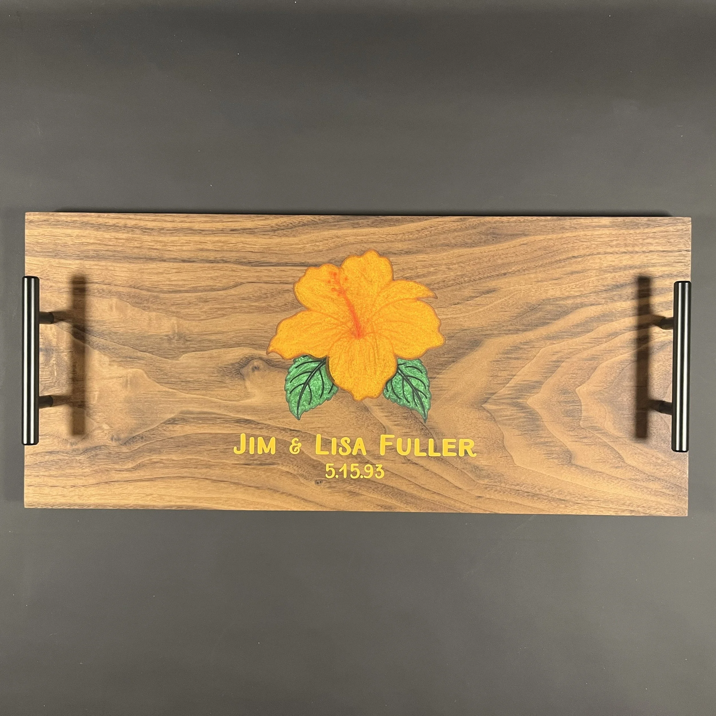 Personalized 9" x 20" walnut charcuterie board.