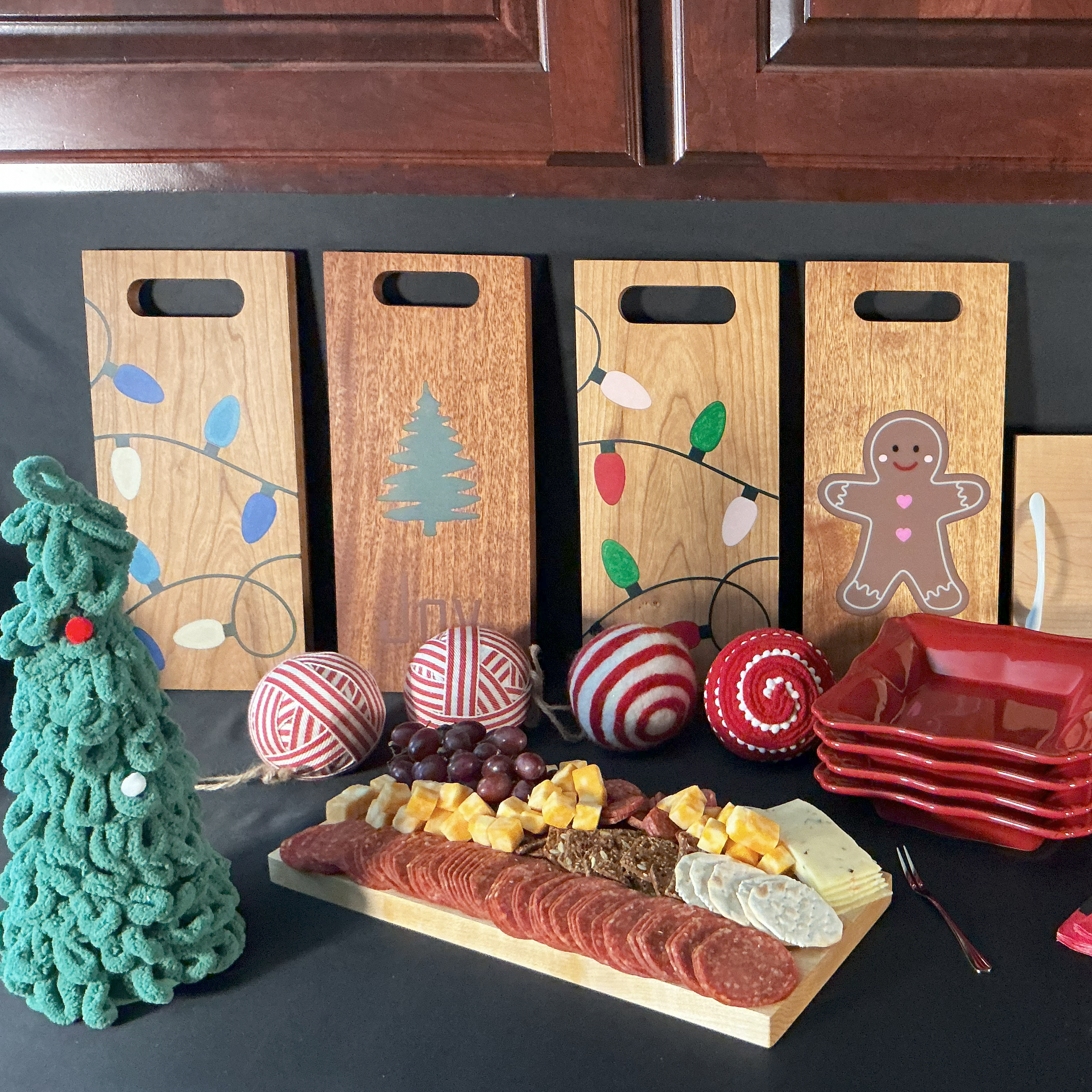 Holiday board display fits perfect under the cabinets.