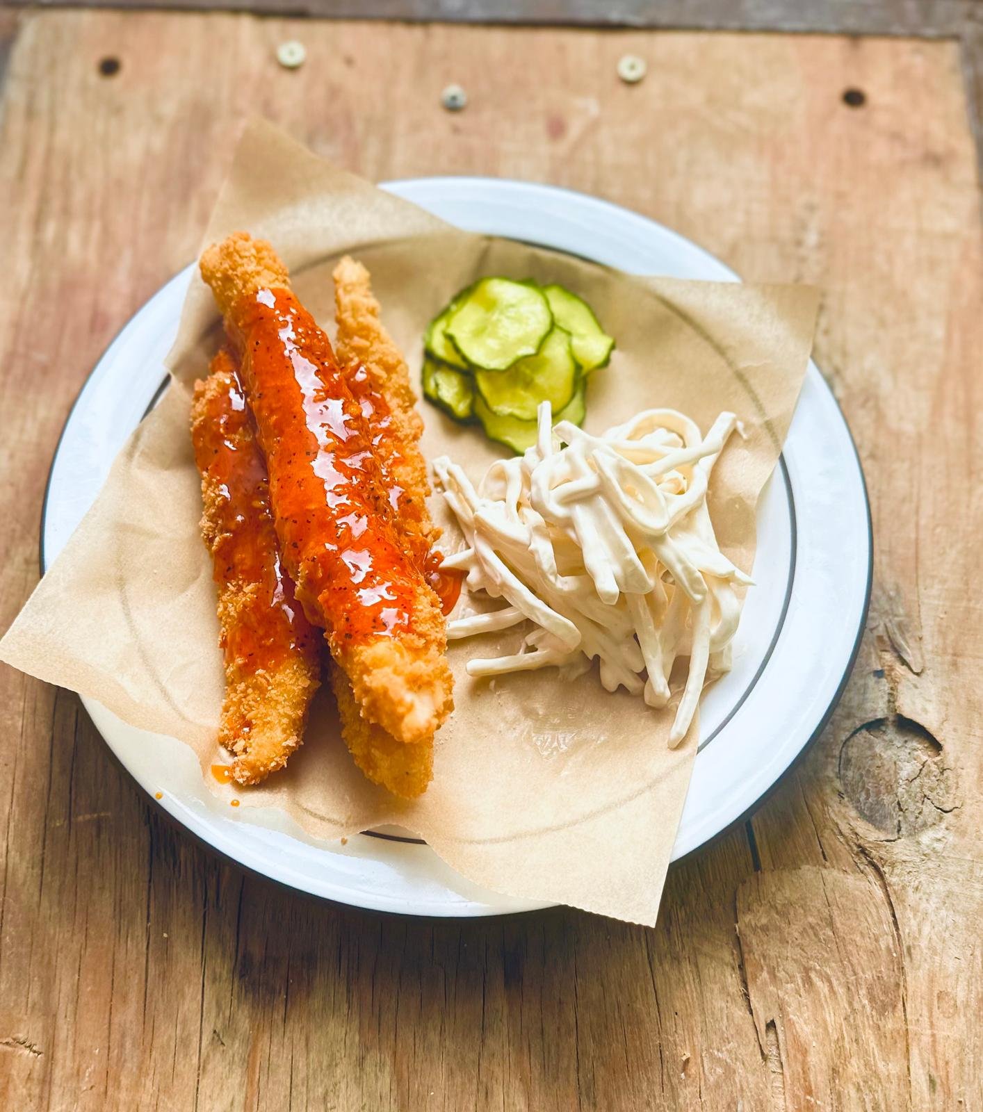 Fried hake, hot sauce, pickles, celeriac remoulade