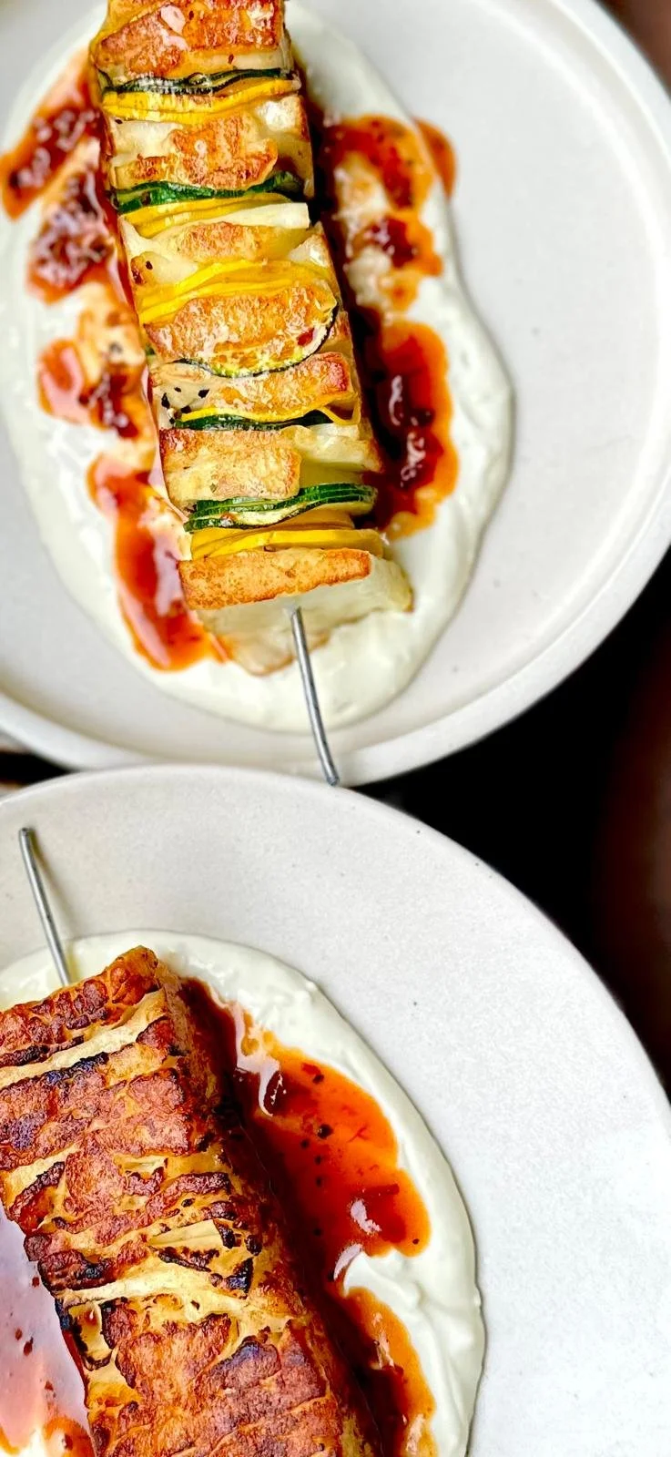 Grilled haloumi and courgette, Garlic yoghurt, Apricot harissa jam