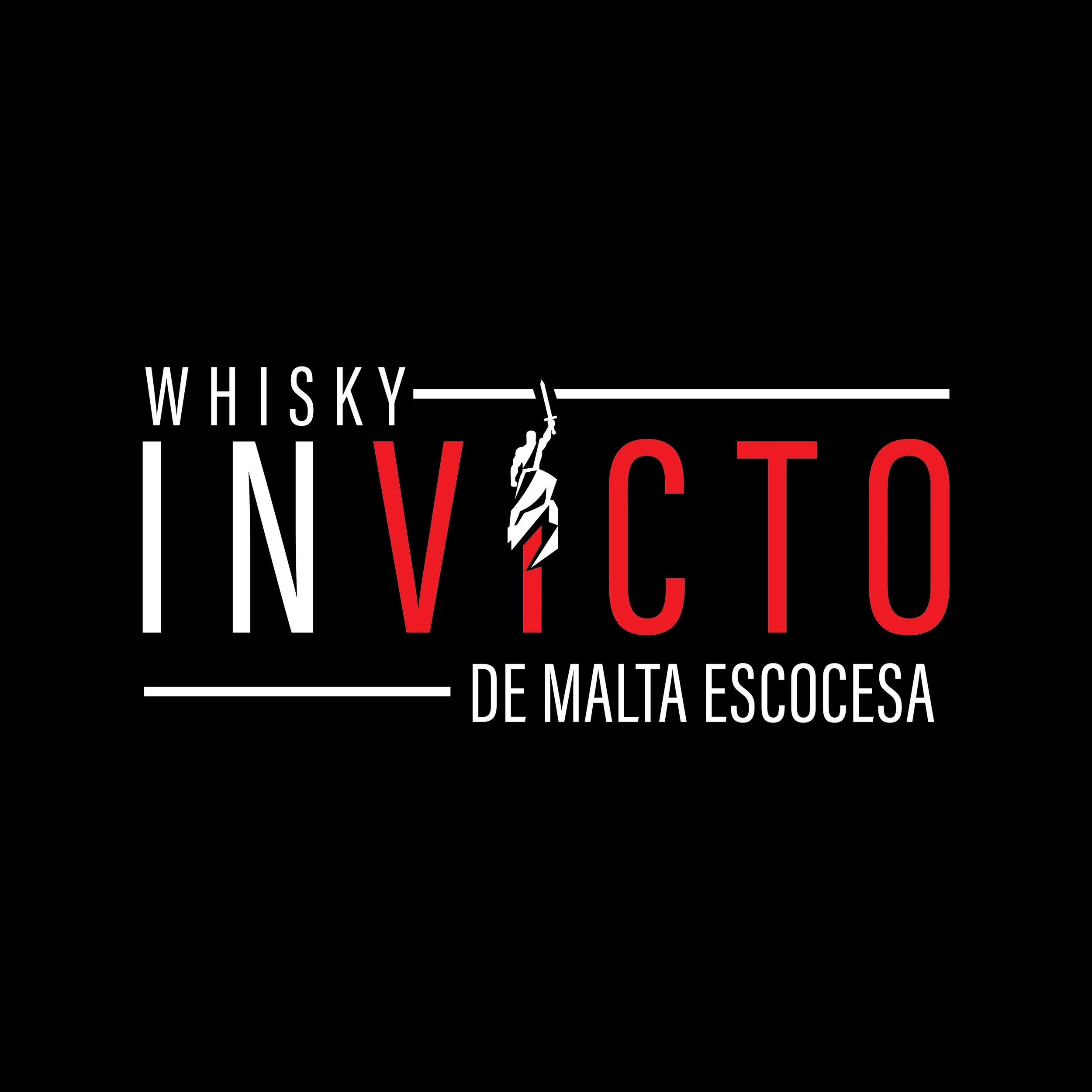 Logo for Whisky Invicto de Malta Escocesa, with black background and white and red text, featuring a stylized graphic of a sword in the 'V' of 'Invicto'.