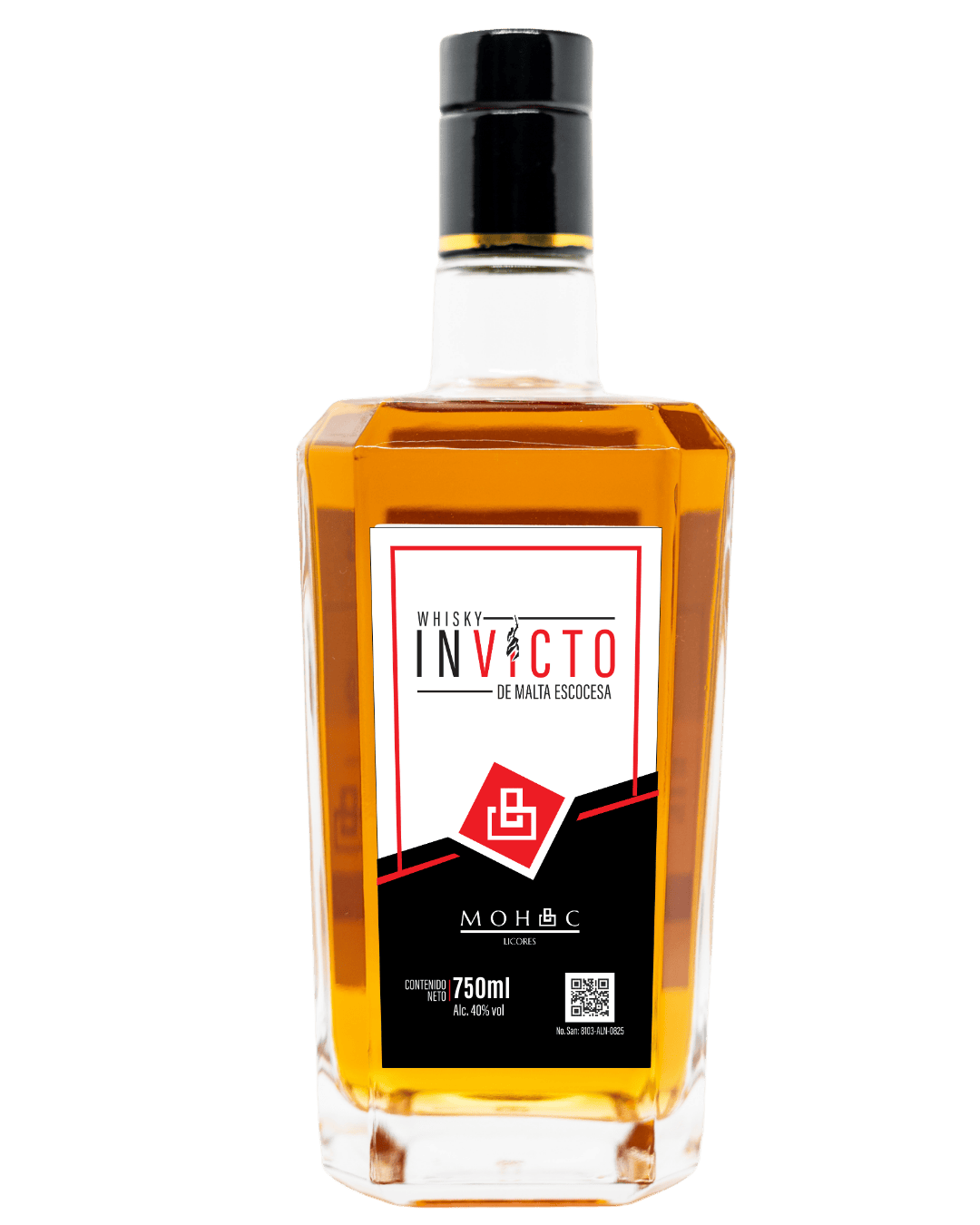 Bottle of whisky Invicto from Malta Escocesa with a black cap, amber liquid, and a white, red, and black label featuring geometric design and text.