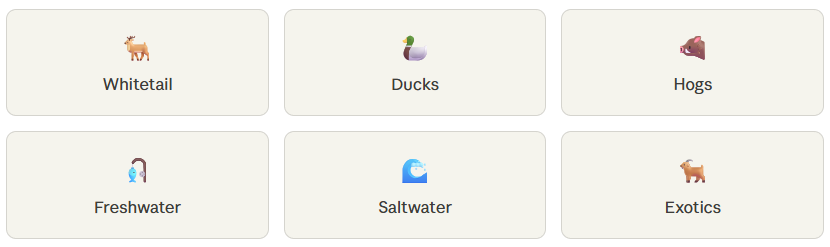 Icons representing different types of animals and water bodies: a whitetail deer, a duck, a pig, a freshwater fish, a saltwater fish, and an exotic animal.