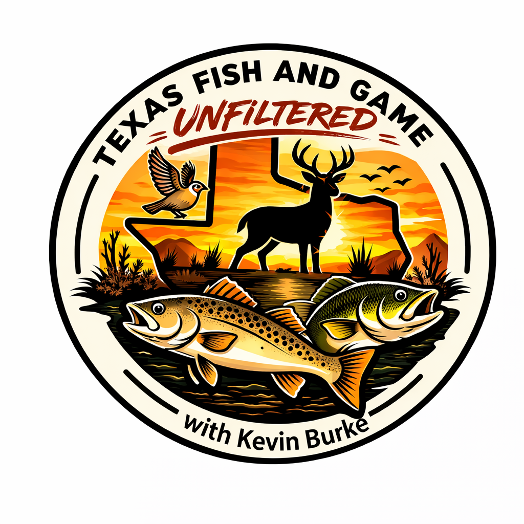 A circular logo for Texas Fish and Game Unfiltered with Kevin Burke, featuring a sunset landscape with a whitetail deer, a quail, a speckled trout and a largemouth bass.