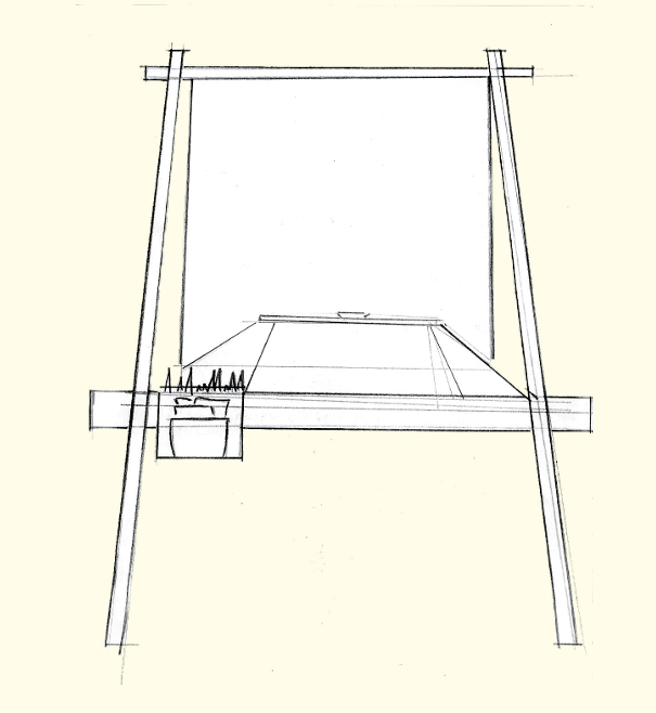 Sketch of a raised garden bed with a support structure and plants on one side.