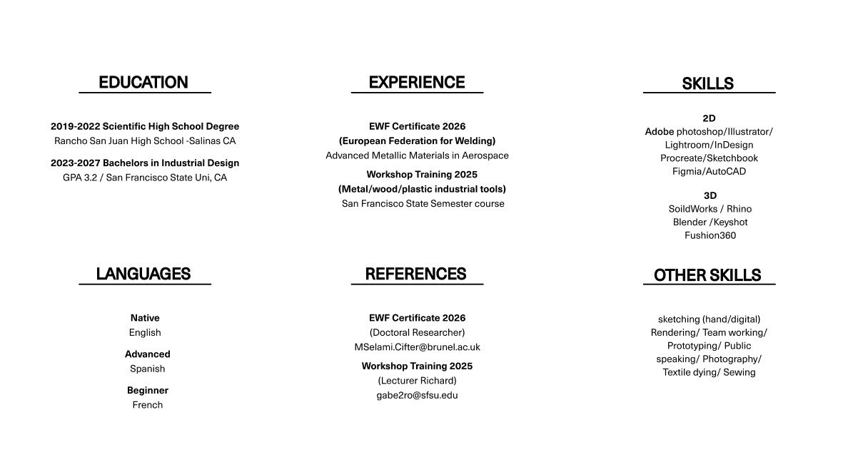A resume with sections for Education, Experience, Skills, Languages, References, and Other Skills. Education includes high school and bachelor's degrees, experience lists certifications and workshops, skills mention design and 3D software, languages include native, advanced, and beginner levels, references with contact info, and other skills cover sketching, rendering, prototyping, photography, and sewing.
