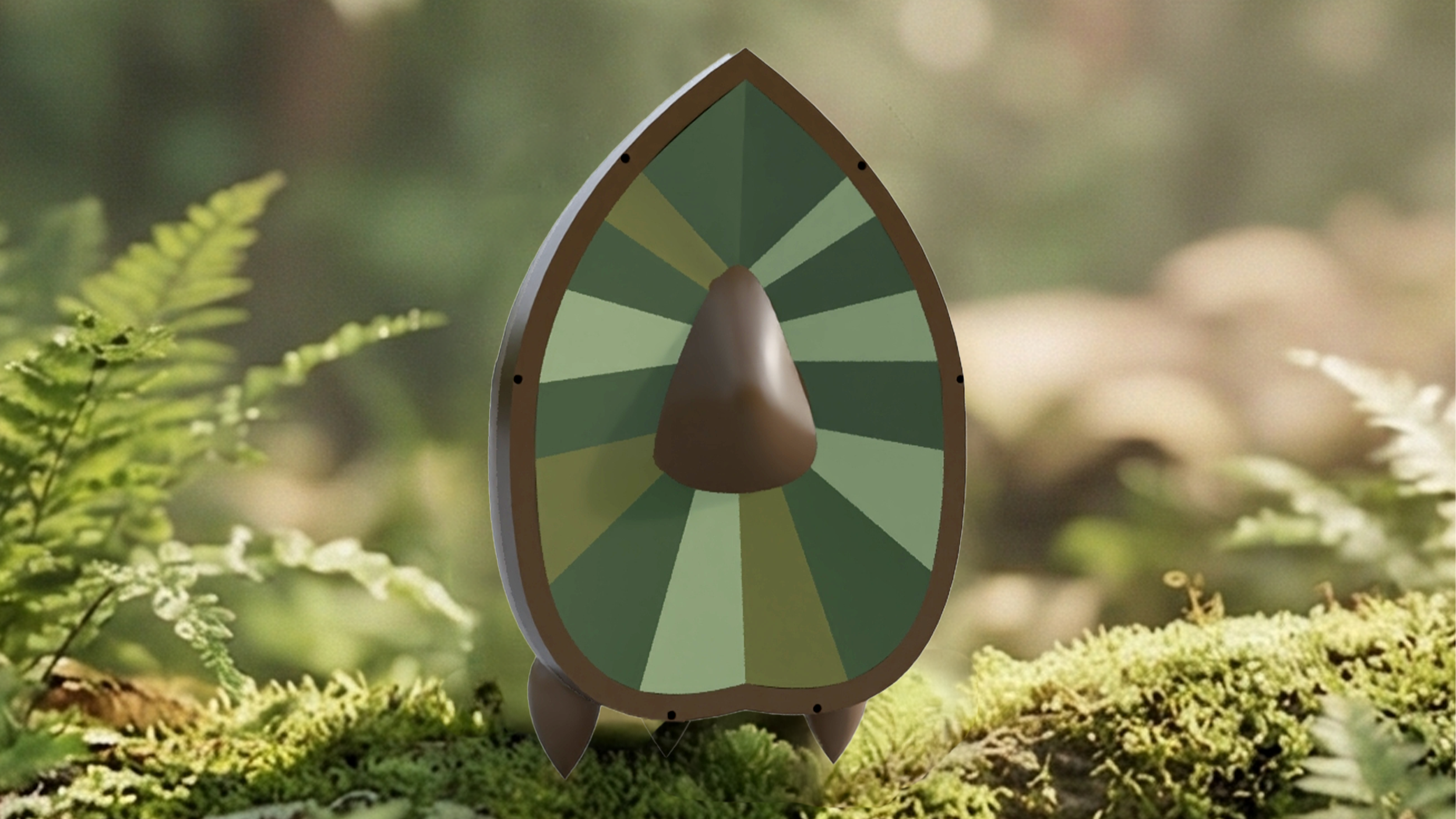 A wooden standing game board with a colorful circular pattern in green shades, shaped like a teardrop, with a brown cone-shaped piece in the center, placed on a mossy forest floor with ferns and blurred green foliage in the background.