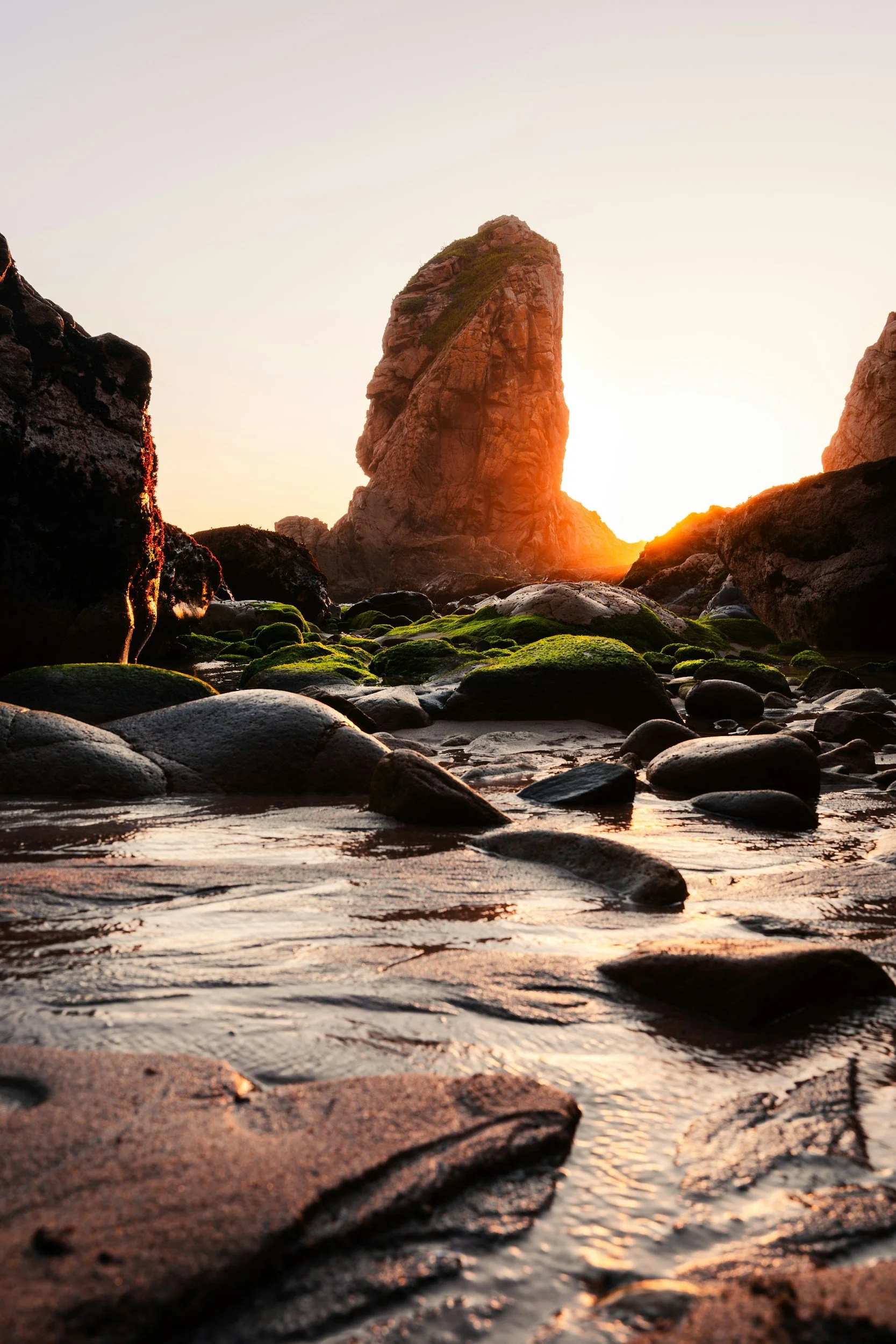 A rocky coastal landscape at sunset with moss-covered stones and a large rock formation in the background.