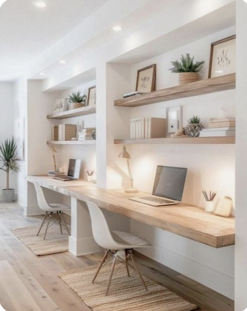 Minimalist home office with a long wooden desk, two white chairs, wall-mounted wooden shelves with books, framed art, and decorative plants, in a bright, modern room.