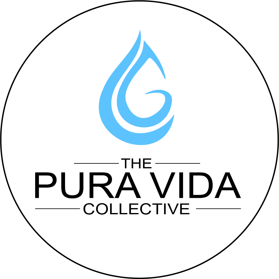 Logo with a blue water droplet above the words "The Pura Vida Collective" in black text on a white circular background.