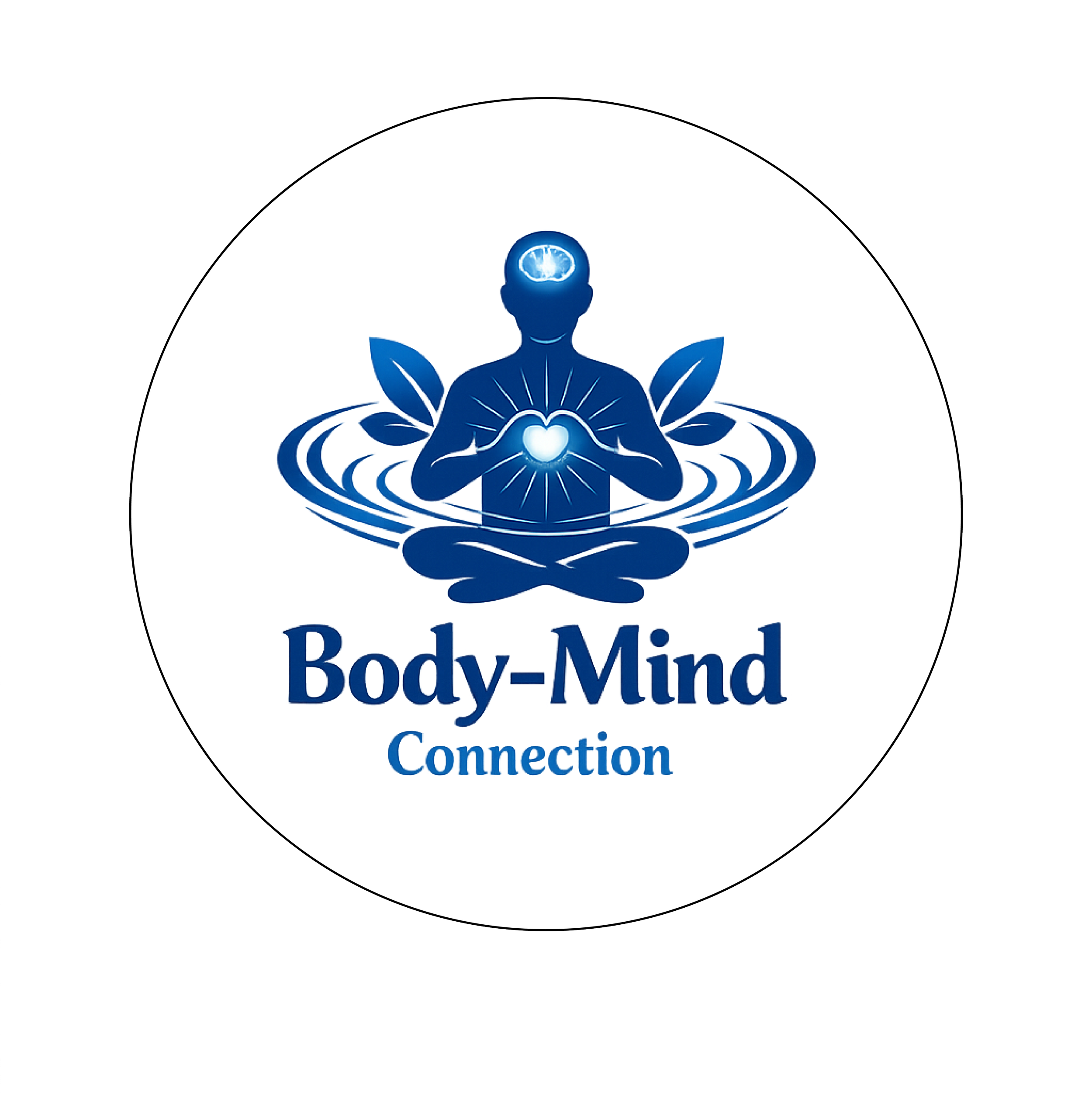 Body–Mind Connection logo — figure in meditative pose with heart and mind illuminated.