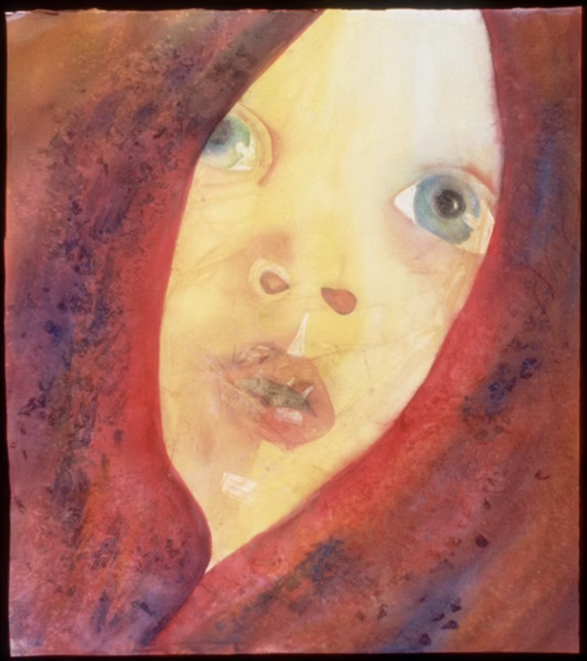 A dreamy, abstract watercolor portrait of a woman with blue eyes and red hair, surrounded by a red hood or hair.