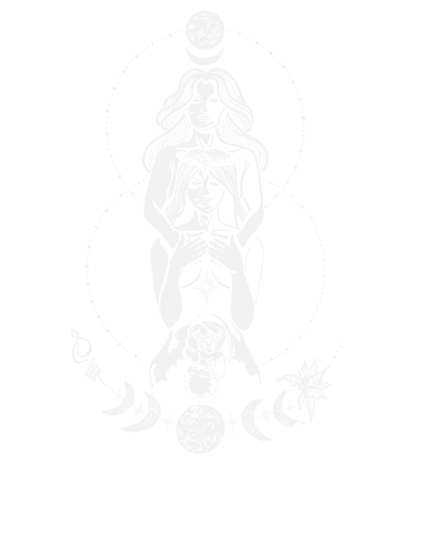 Black and white artistic illustration of a woman with long hair with celestial symbols including moons, stars, and planets, and the words "Amelia White".