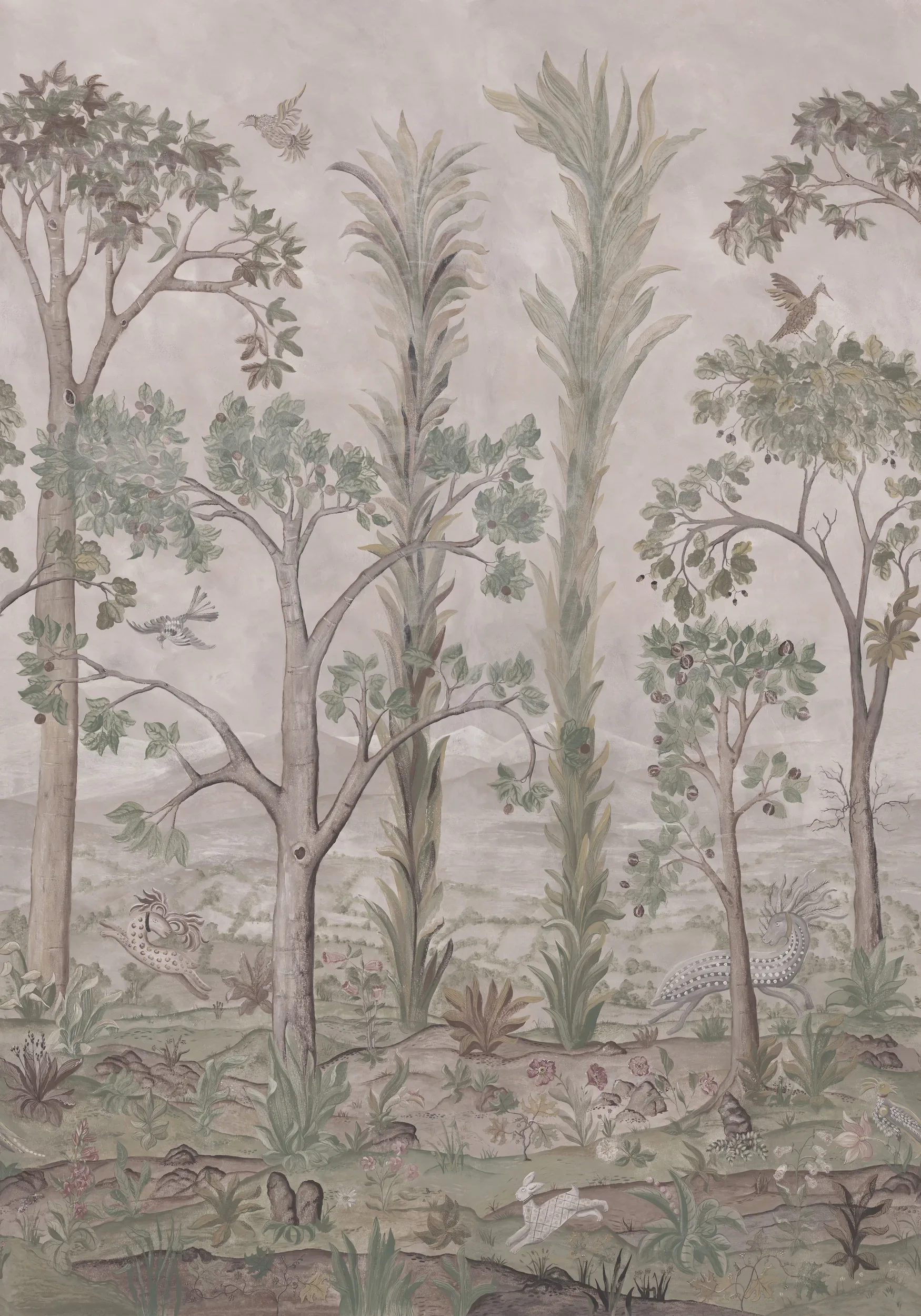 Tall Trees wallpaper by Melissa White for GP&J Baker, Kit Kemp Wallpaper collection, in the Soft Green colourway.