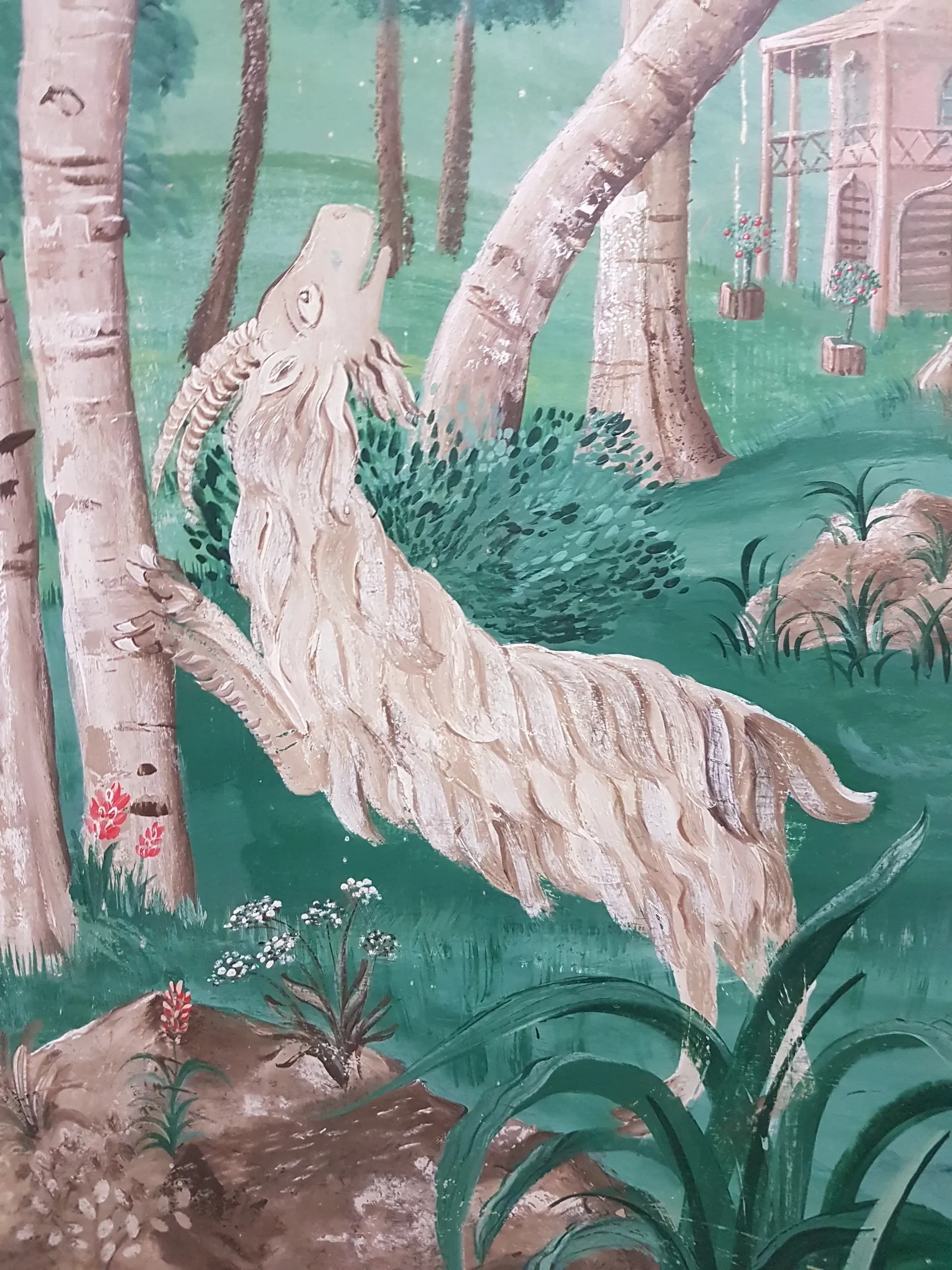 Close-up of goat detail from bespoke wall by Melissa White for The Bell in Ticehurst, East Sussex.