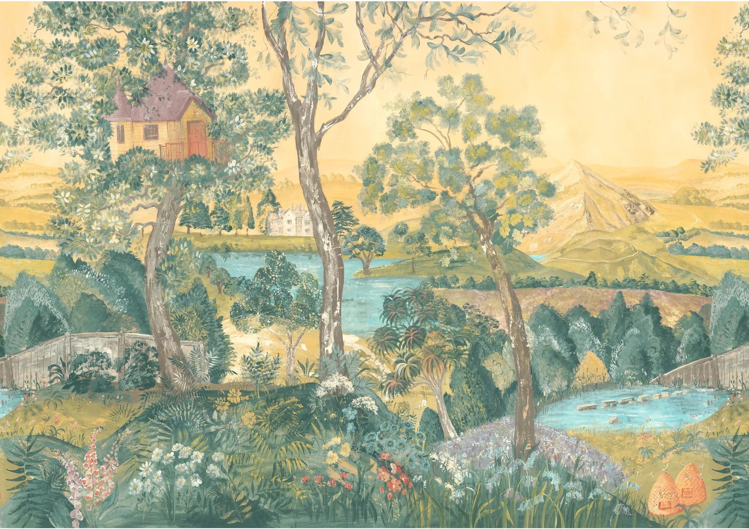 A traditional Asian landscape painting featuring trees, a river, mountains, and buildings including a small house and a castle in the distance.