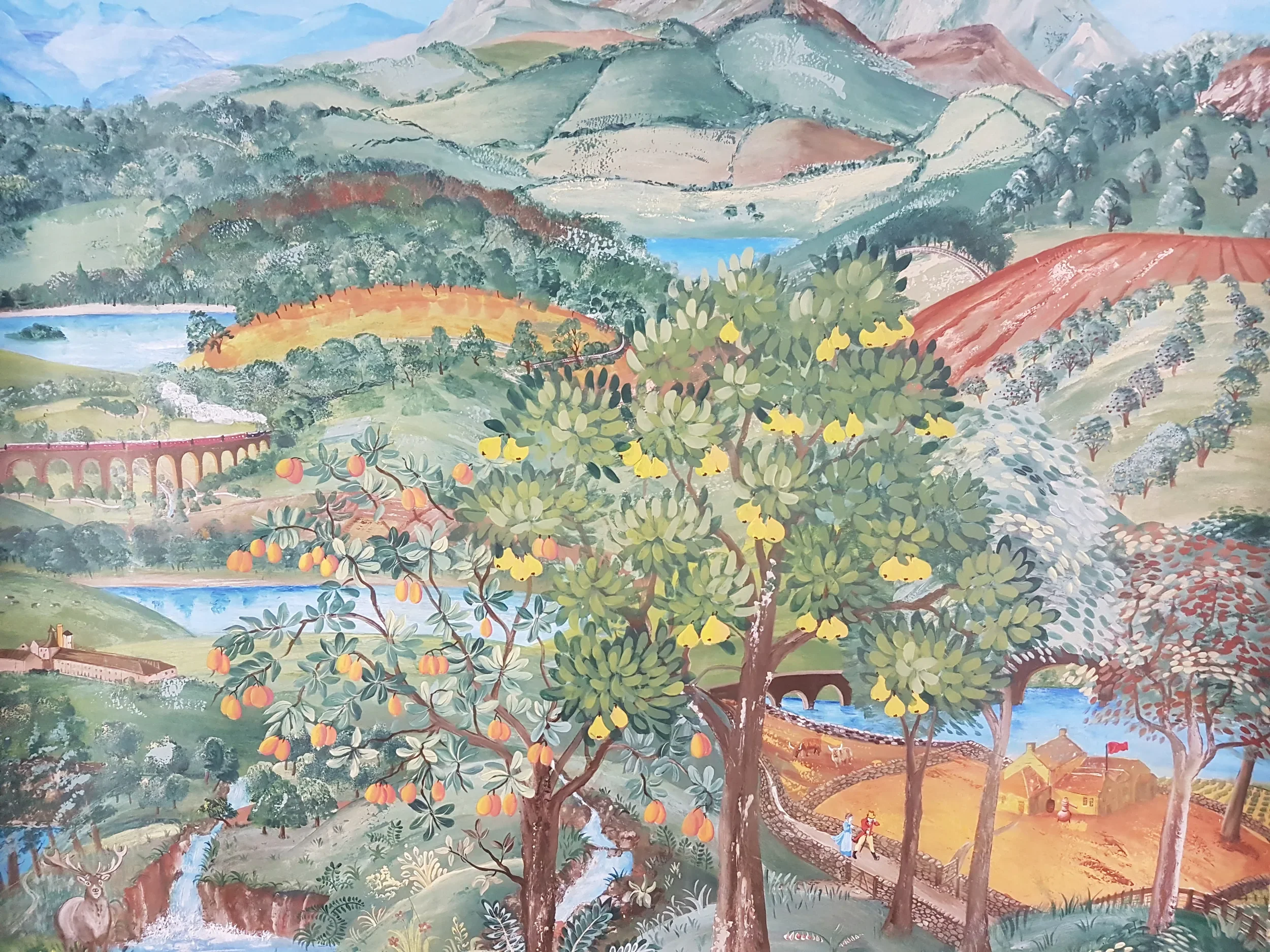 A colorful painting of rolling hills, trees, a lake, an aqueduct, and a bridge with people walking across it. The scene depicts a countryside landscape with vibrant greenery, orange fruit trees, and distant mountains.
