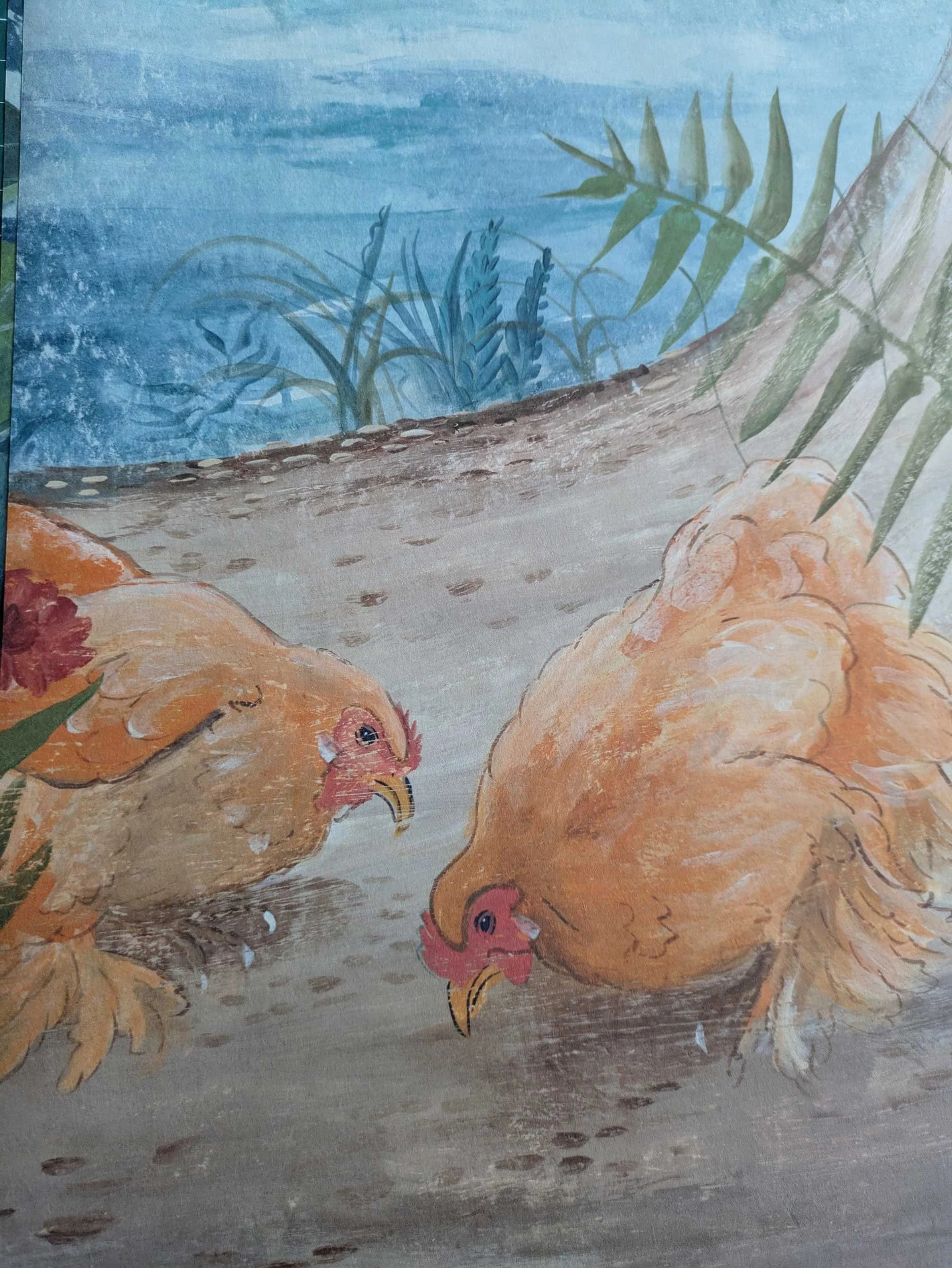 Close-up detail of the printed Glimpses of Thyme wallpaper showing the ornamental Cochin hens and floral garden.