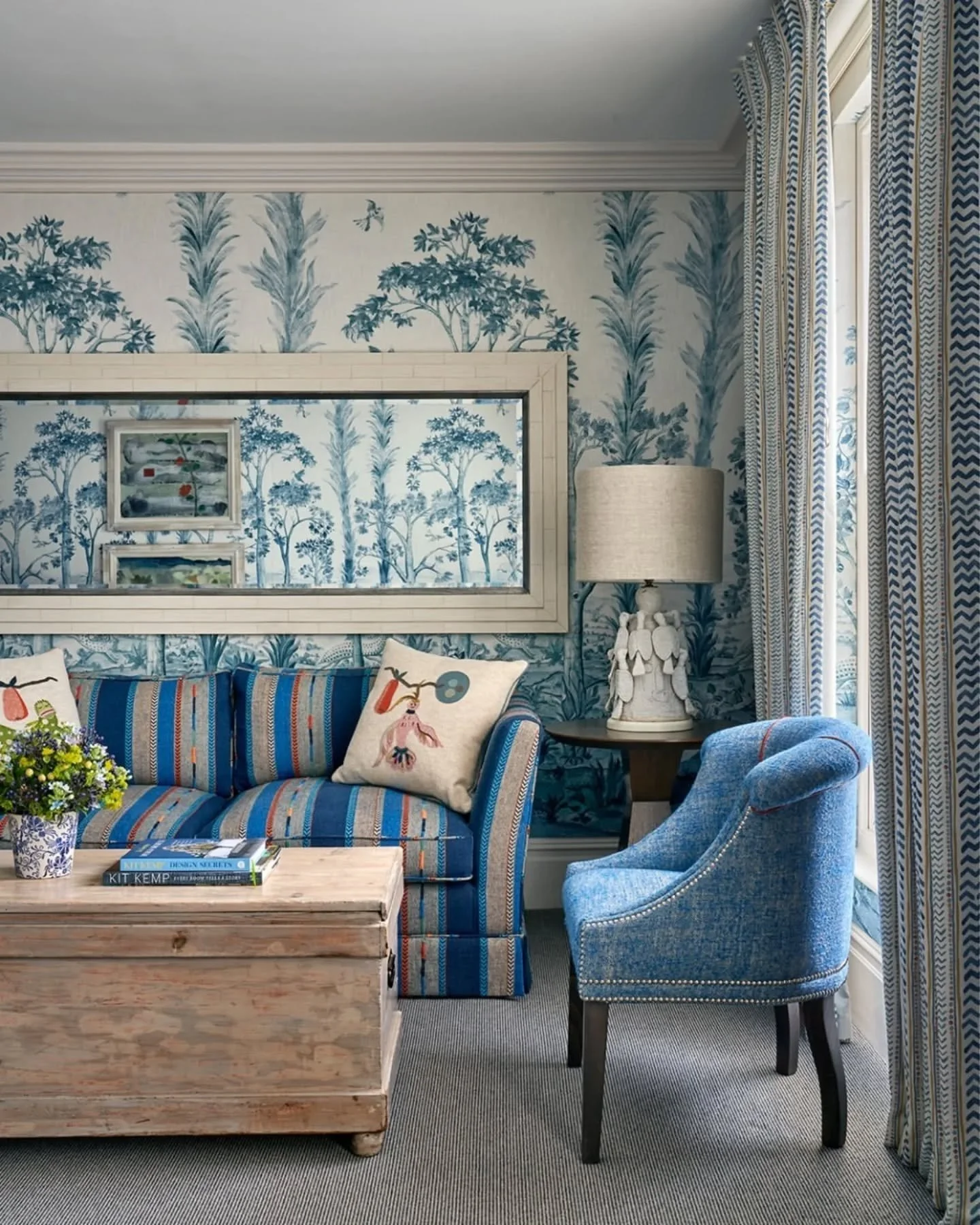 Re-sharing some 🩵blue reflections💙 from @gpjbaker in this post featuring my 🌳"Tall Trees 🌳artwork for Kit Kemp. 

Reposted from @gpjbaker:

A perfect harmony of pattern and texture, we adore this suite at @firmdale_hotels, featuring our @kit