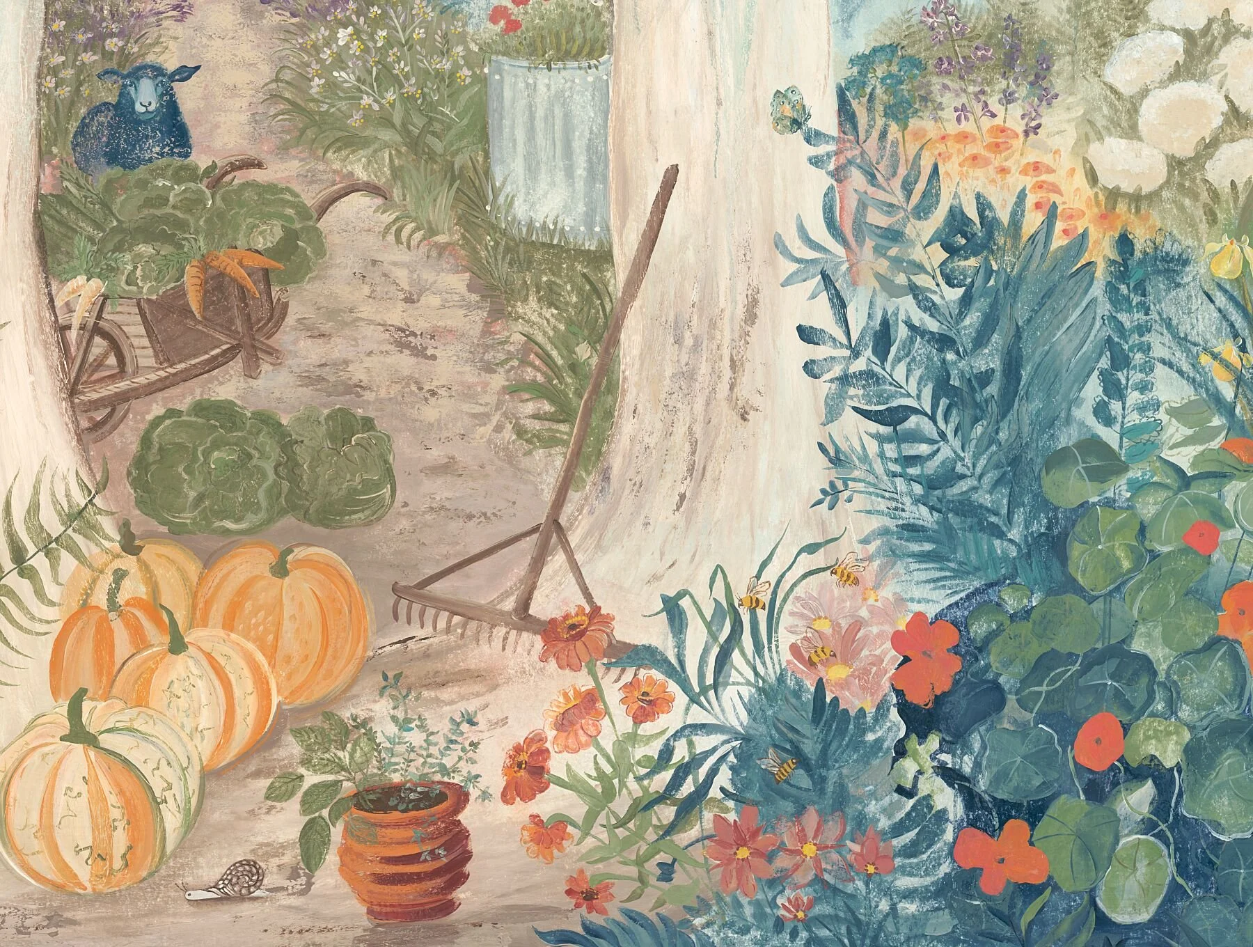 Glimpses of Thyme ~ The Black Sheep by Melissa White, showing the black sheep and late-summer harvest