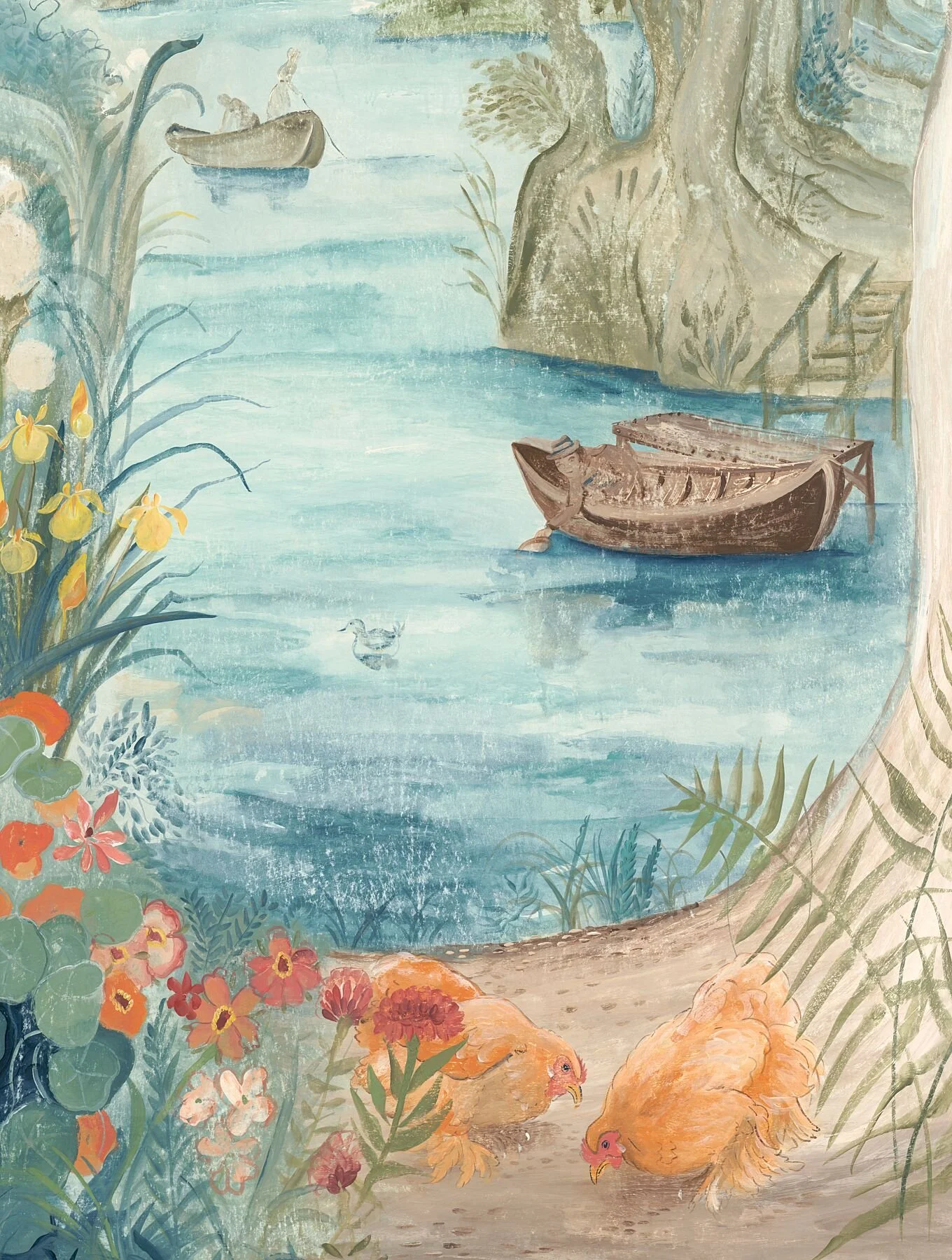 Glimpses of Thyme ~ The Cochin Hens by Melissa White, depicting ornamental hens foraging by the river