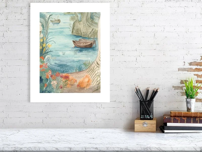 Portrait Giclée print of The Cochin Hens by Melissa White, displayed on a white brick wall in a studio setting