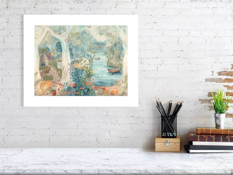 Landscape Giclée print of The Distant Church by Melissa White, styled above a table with stationery