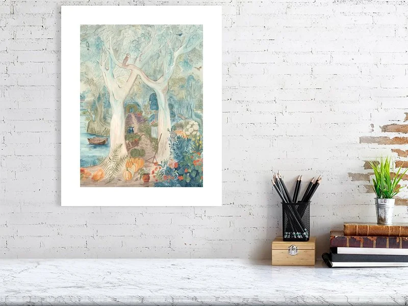 Portrait Giclée print of The Owl by Melissa White, hung on a white brick wall in a bright, modern interior