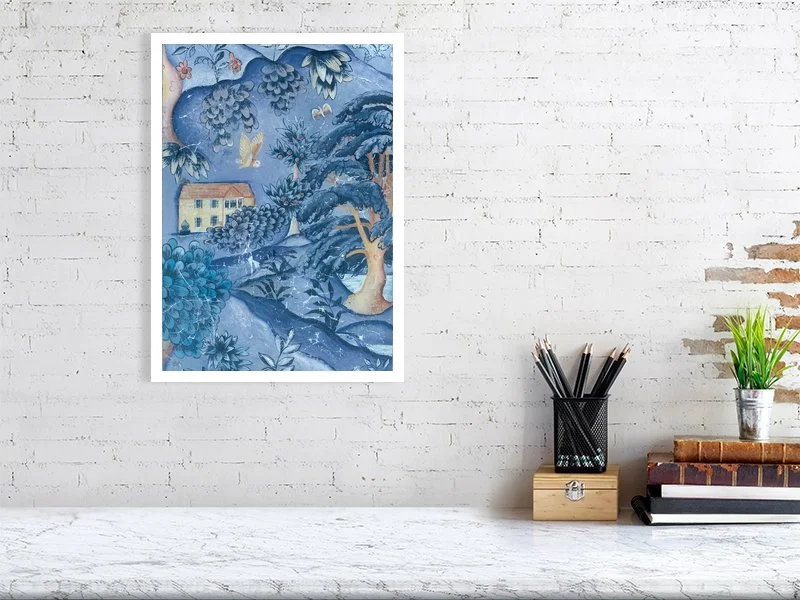 A3 Giclée print of Cotswold Dusk by Melissa White, styled on a white brick wall above a marble desk