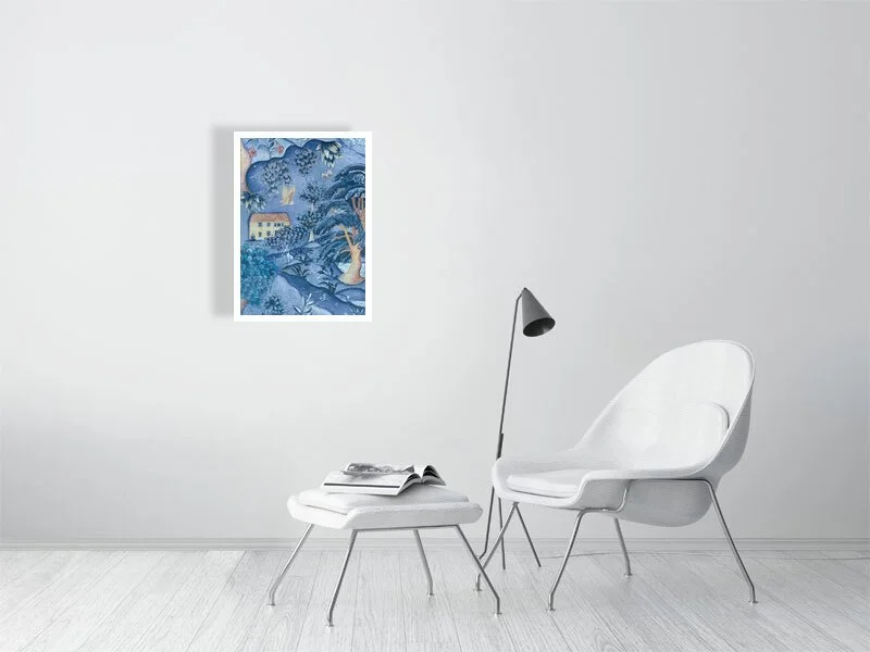 A2 Giclée print of Cotswold Dusk by Melissa White in a minimalist room with white furniture