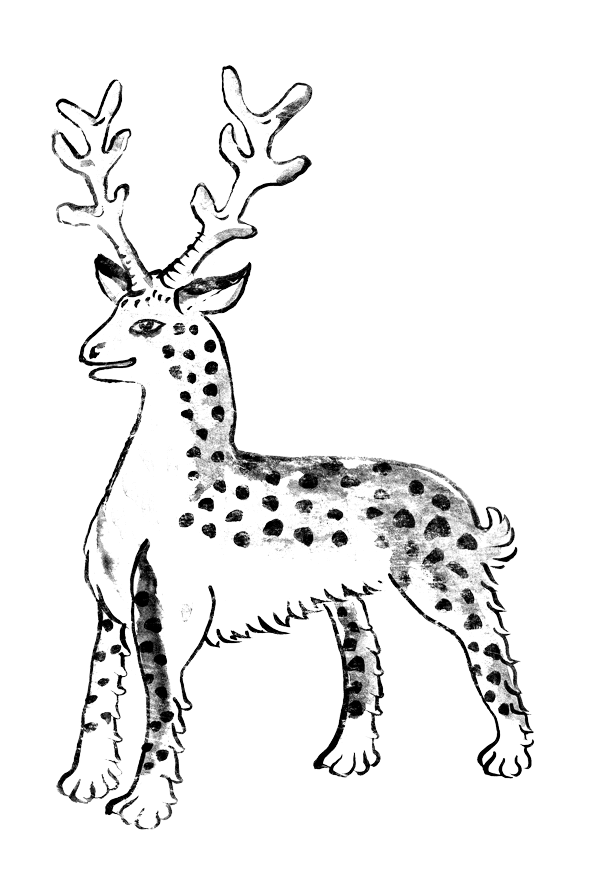 Outline of a reindeer with antlers, decorated with spots and patterns, set against a black background.