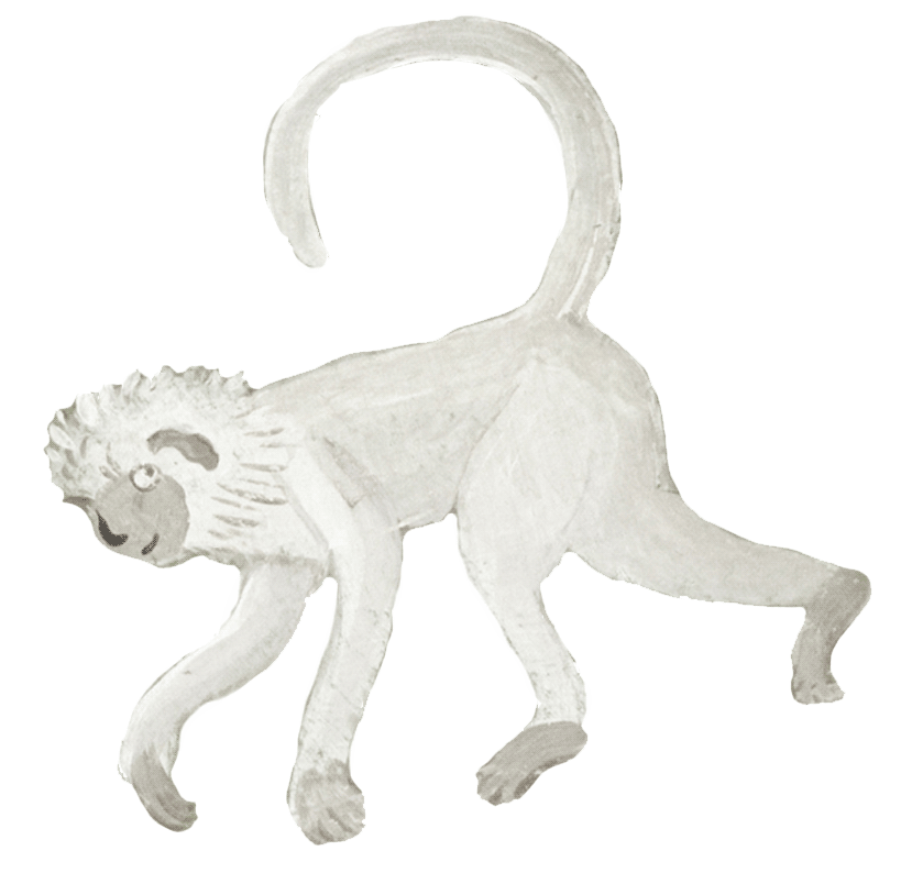 A painted depiction of a white lion with a curly mane and cat-like stance, facing left, set against a black background.